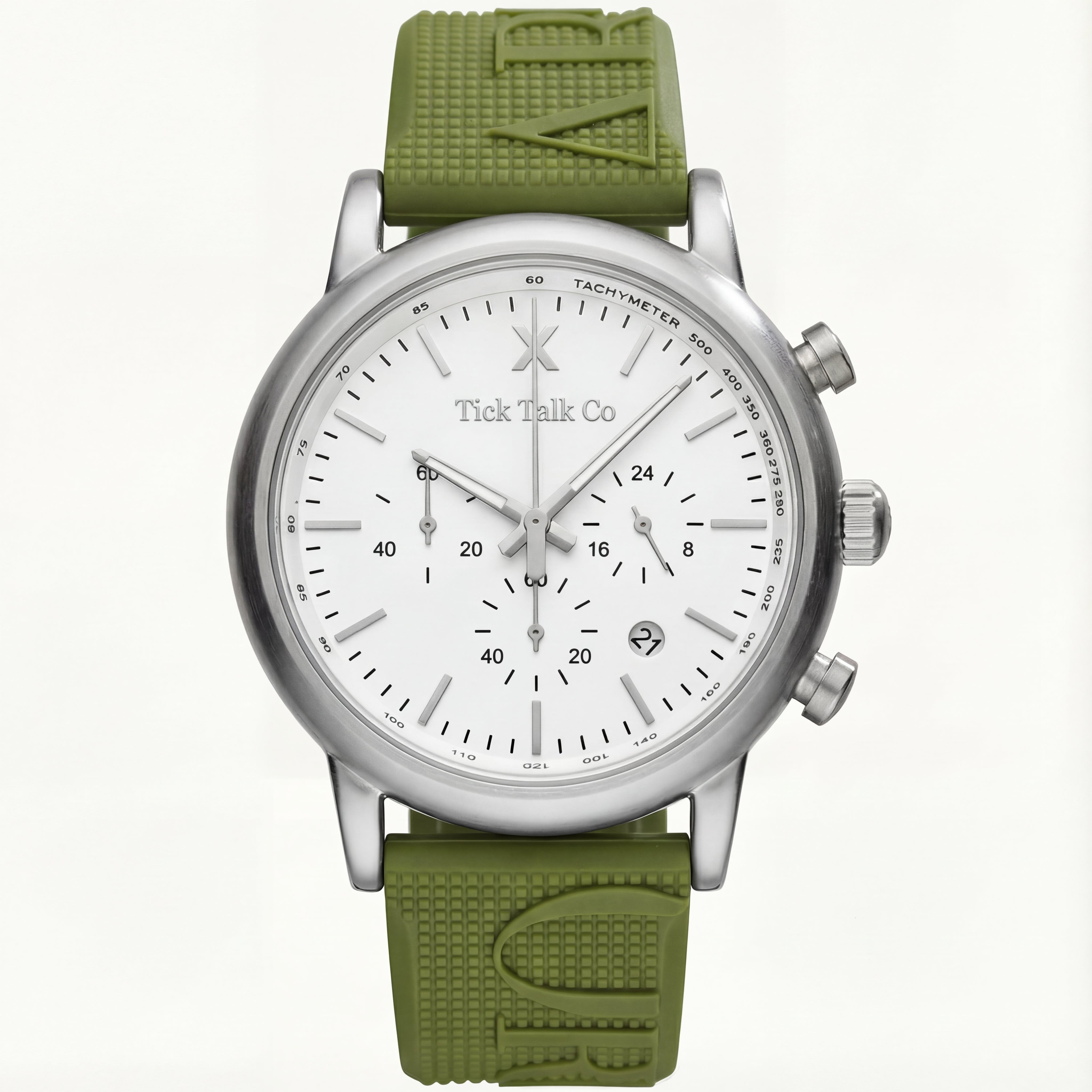 Silver Chronograph Watch with White Dial & Olive Green Rubber Strap