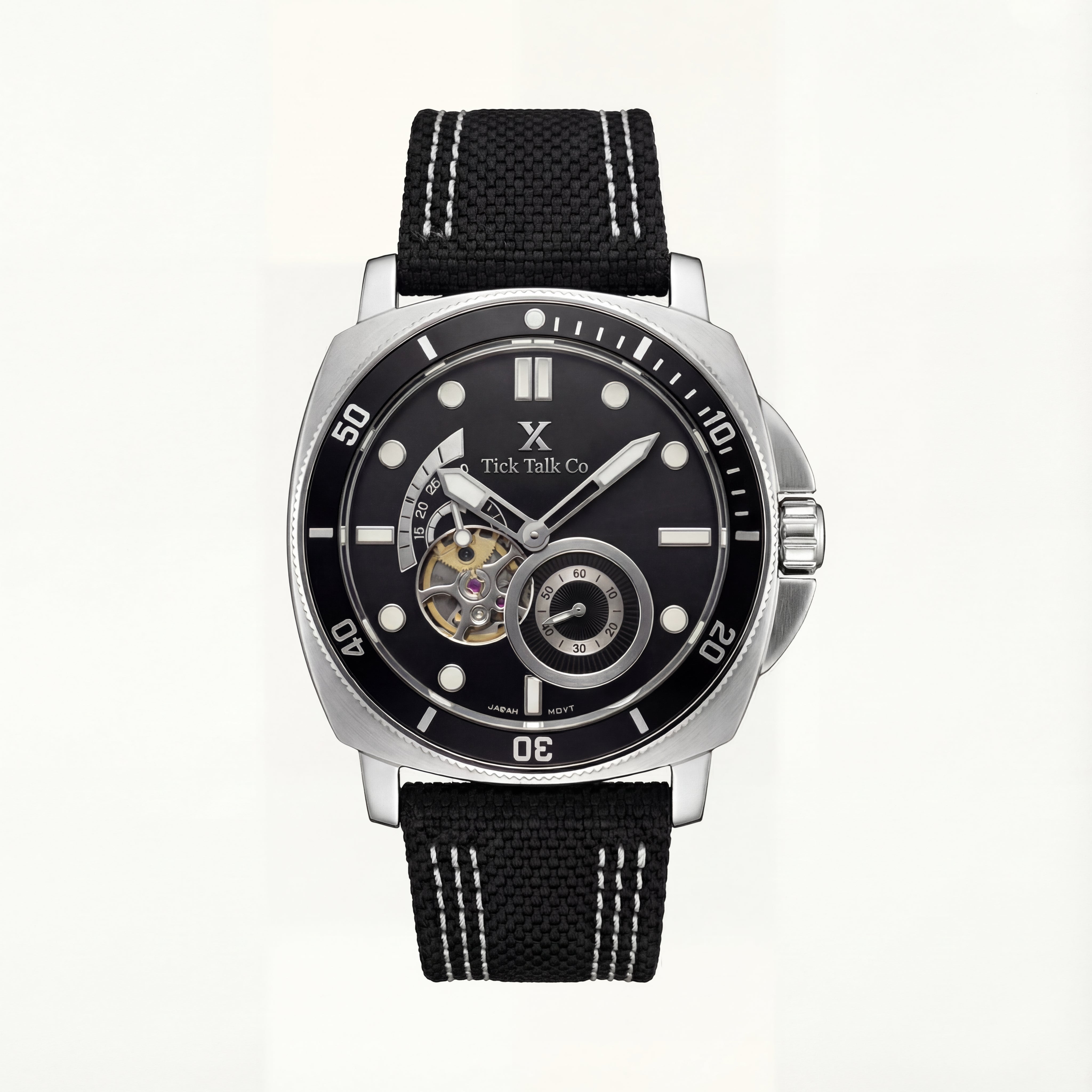 Black Open-Heart Automatic Watch with Black Dial & Fabric Strap