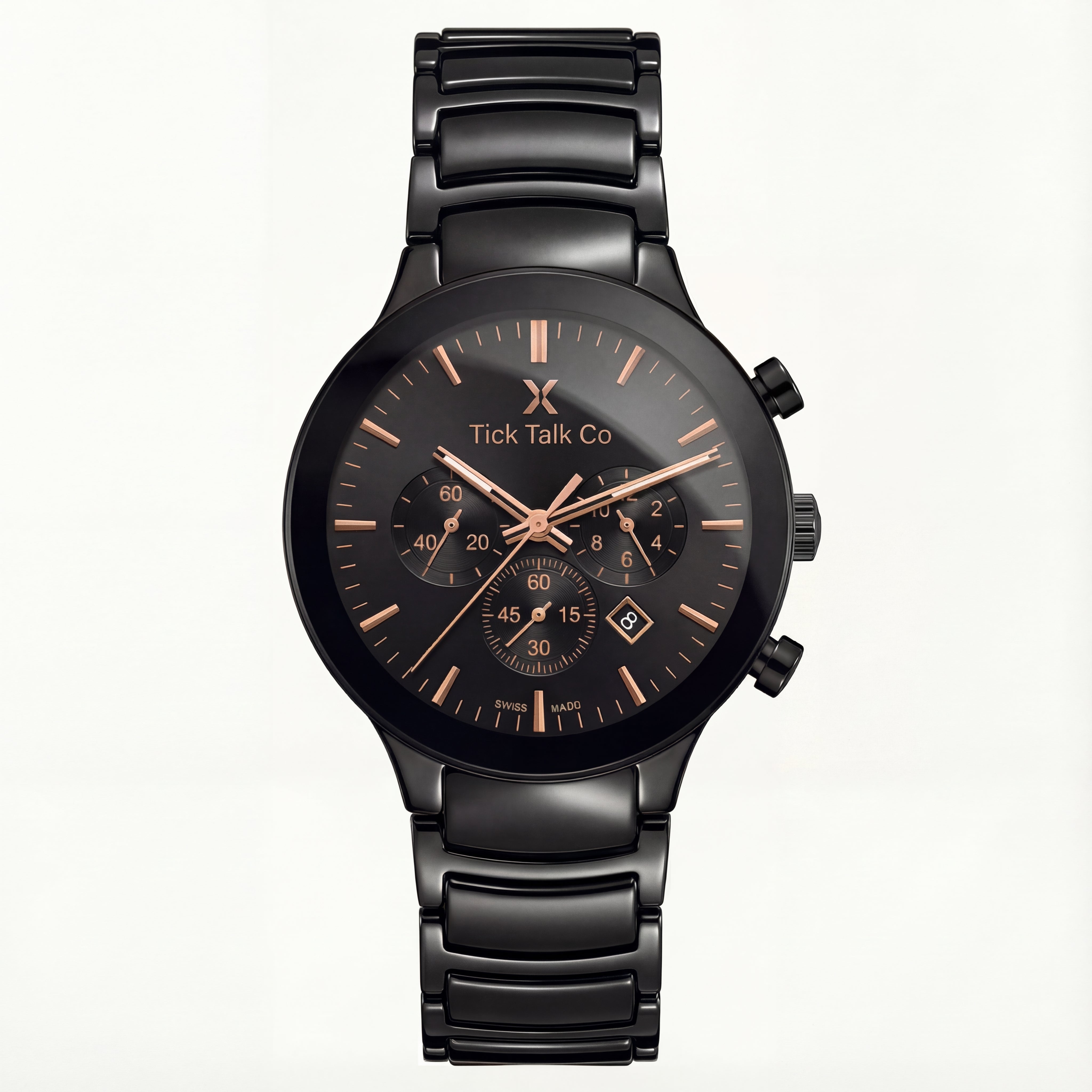 Black Chronograph Watch with Rose Gold Accents & Black Stainless Steel Bracelet