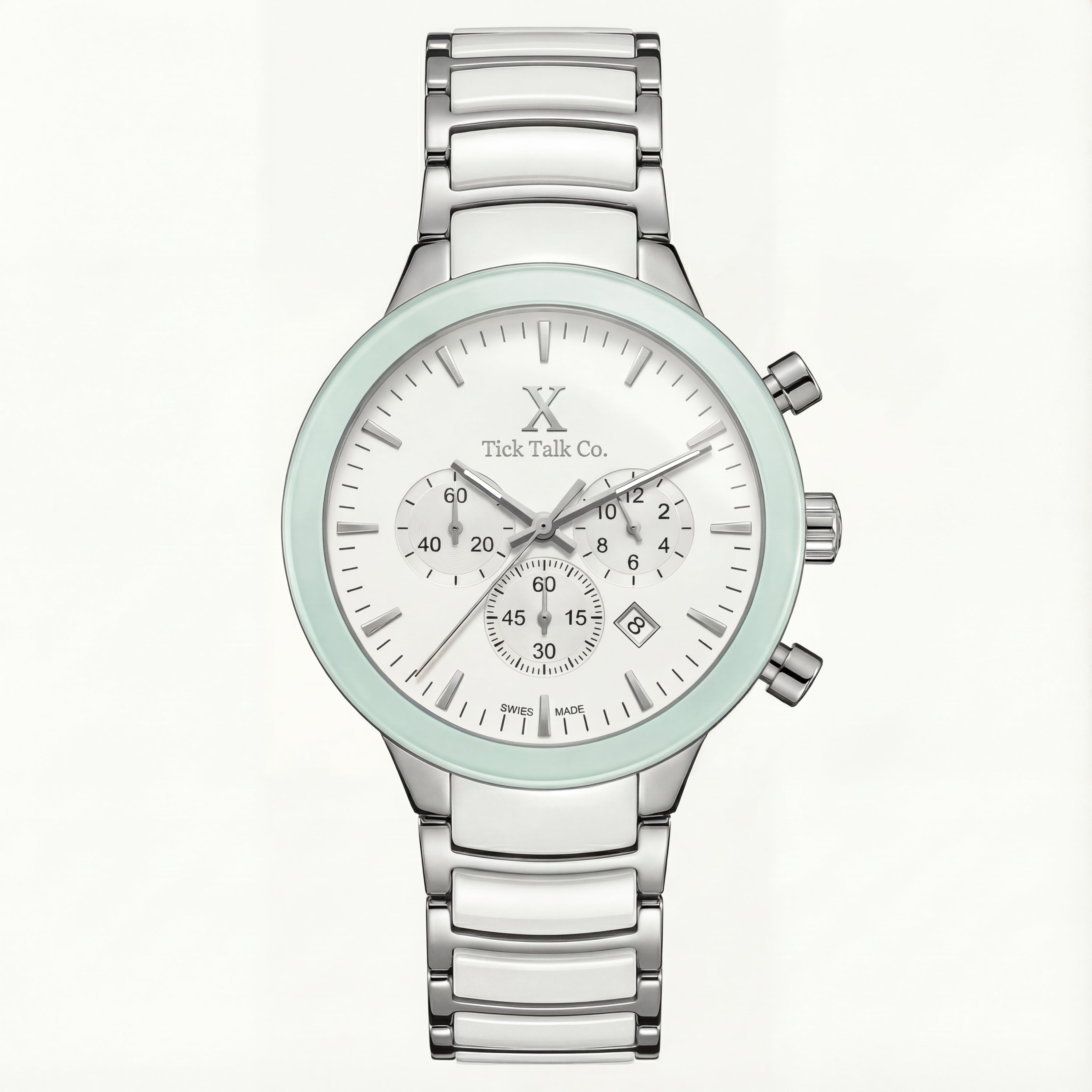 Silver & Mint Chronograph Watch with White Dial and Stainless Steel Bracelet