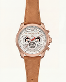 ose Gold Skeleton Chronograph Watch with White Open-Work Dial and Brown Leather Strap
