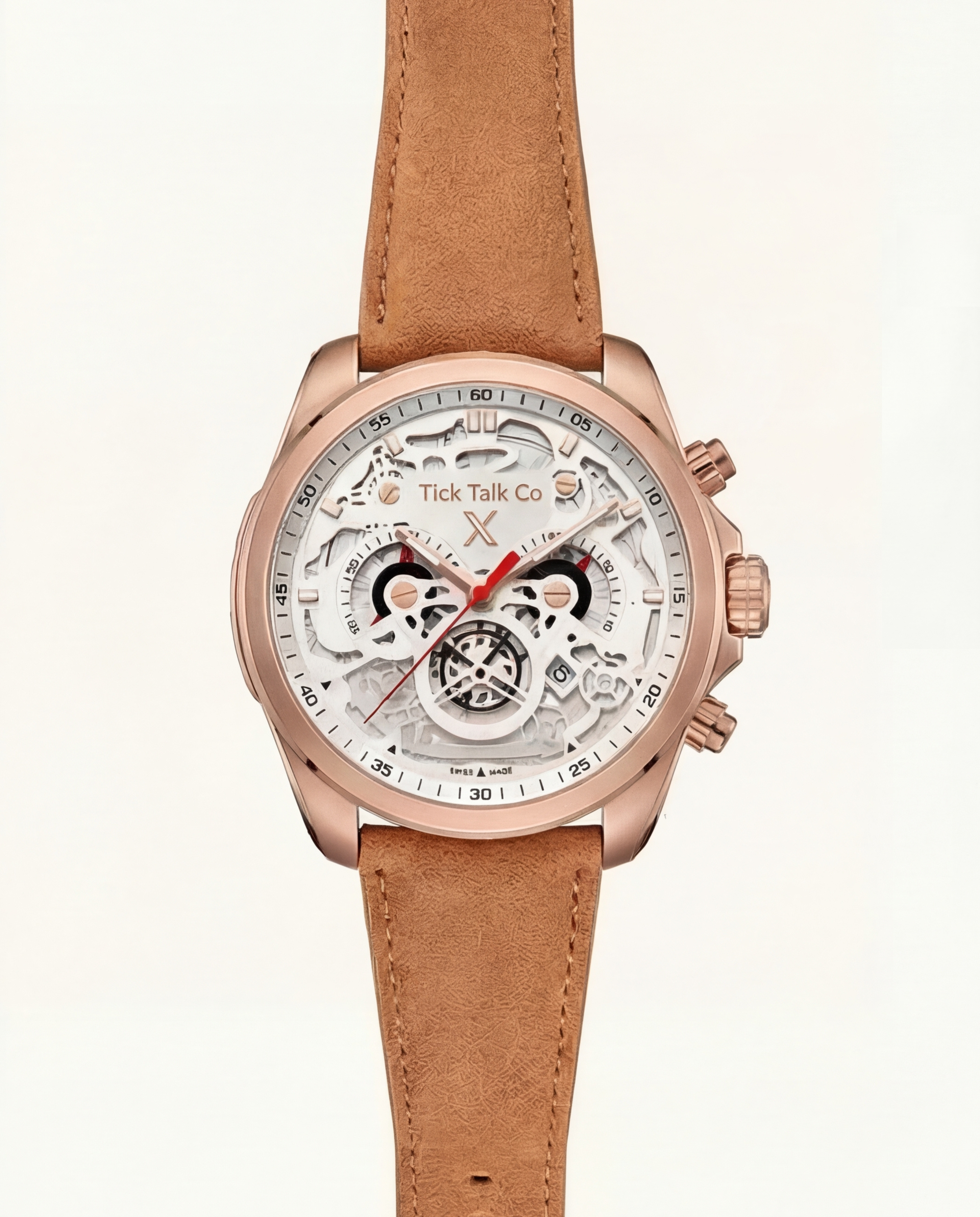 ose Gold Skeleton Chronograph Watch with White Open-Work Dial and Brown Leather Strap