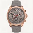 Rose Gold Skeleton Chronograph Watch with Grey Open-Work Dial and Grey Leather Strap