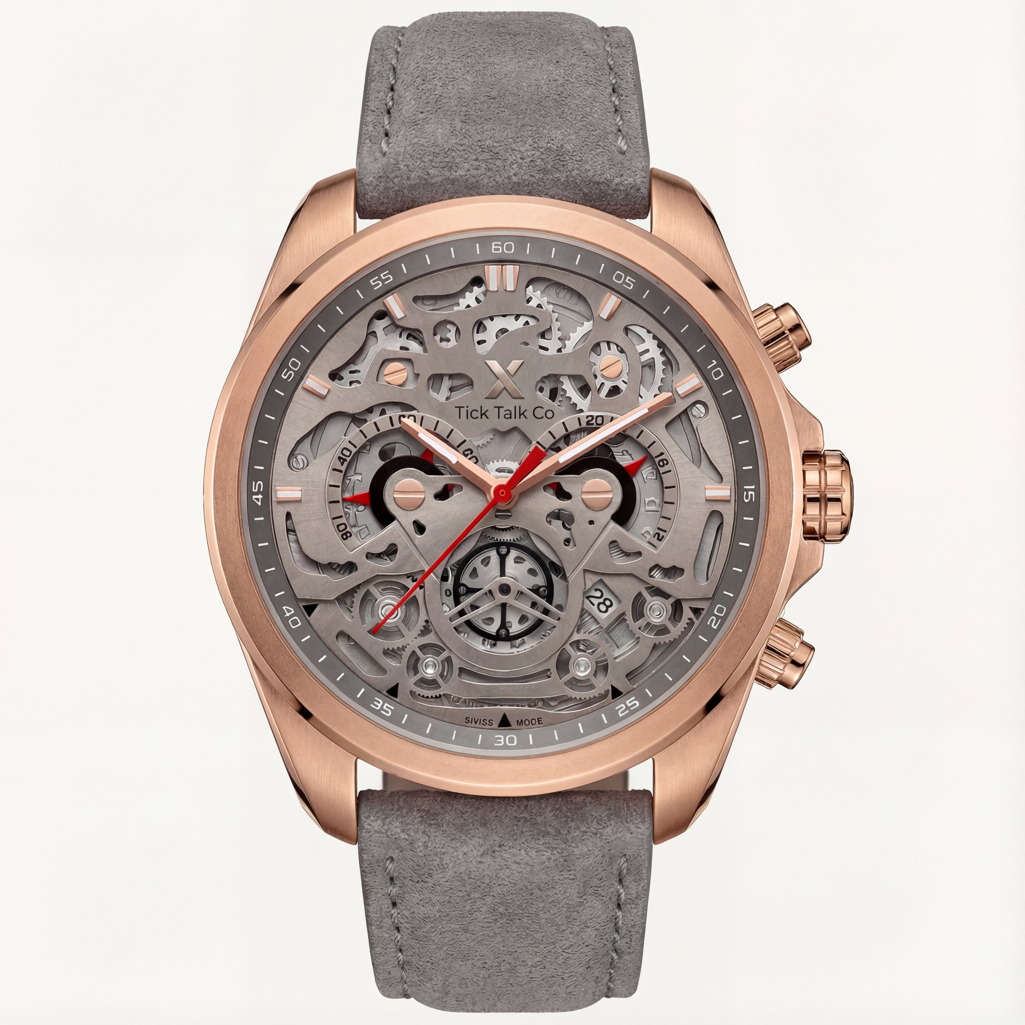 Rose Gold Skeleton Chronograph Watch with Grey Open-Work Dial and Grey Leather Strap