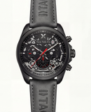 Matte Black Skeleton Chronograph Watch with Black Open-Work Dial and Black Leather Strap