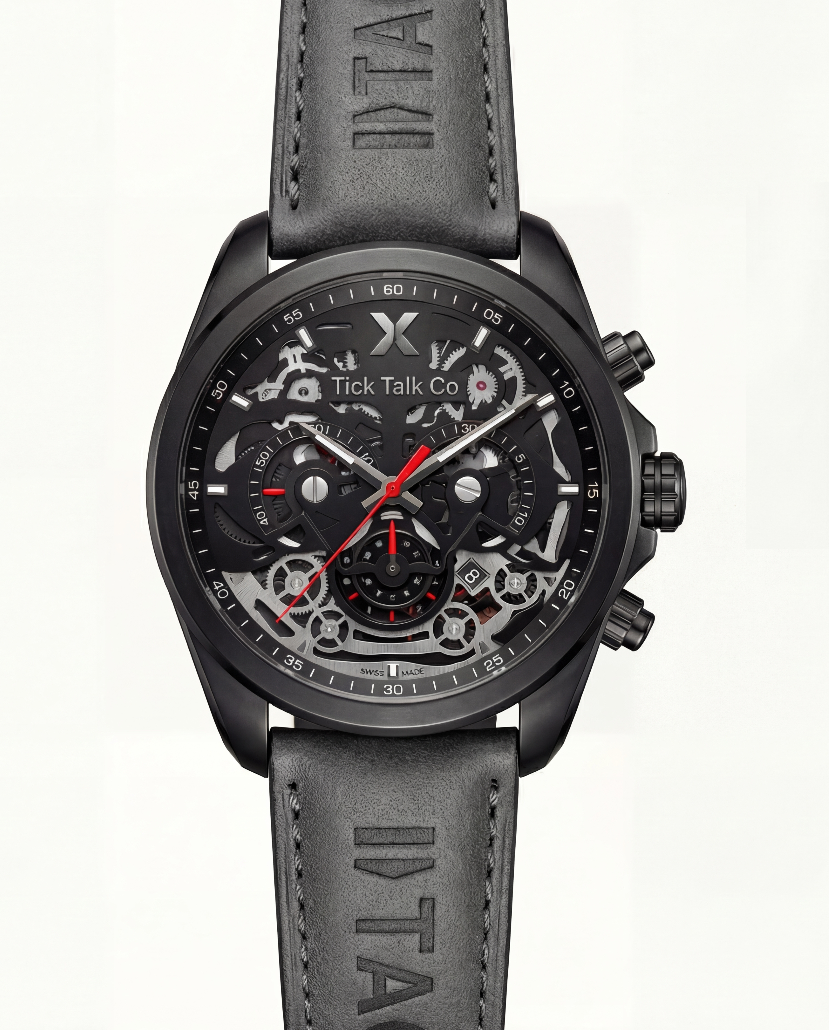 Matte Black Skeleton Chronograph Watch with Black Open-Work Dial and Black Leather Strap