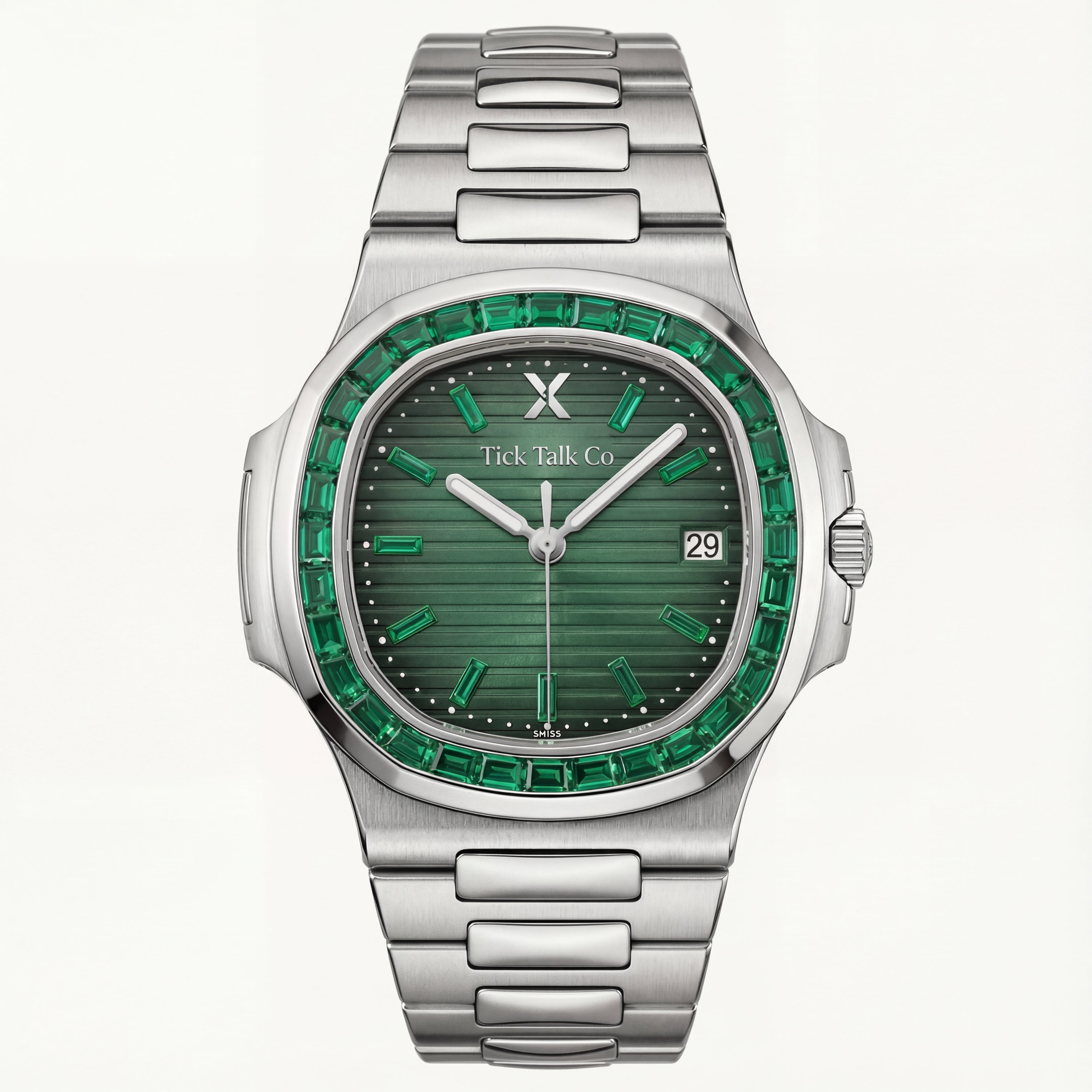 Emerald Green Dial Watch with Gem-Style Bezel and Stainless Steel Bracelet