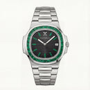 Black Dial Watch with Green Gem-Style Bezel & Stainless Steel Bracelet