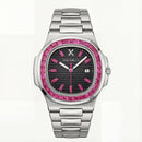 Black Dial Silver Watch with Pink Gem Bezel & Stainless Steel Bracelet