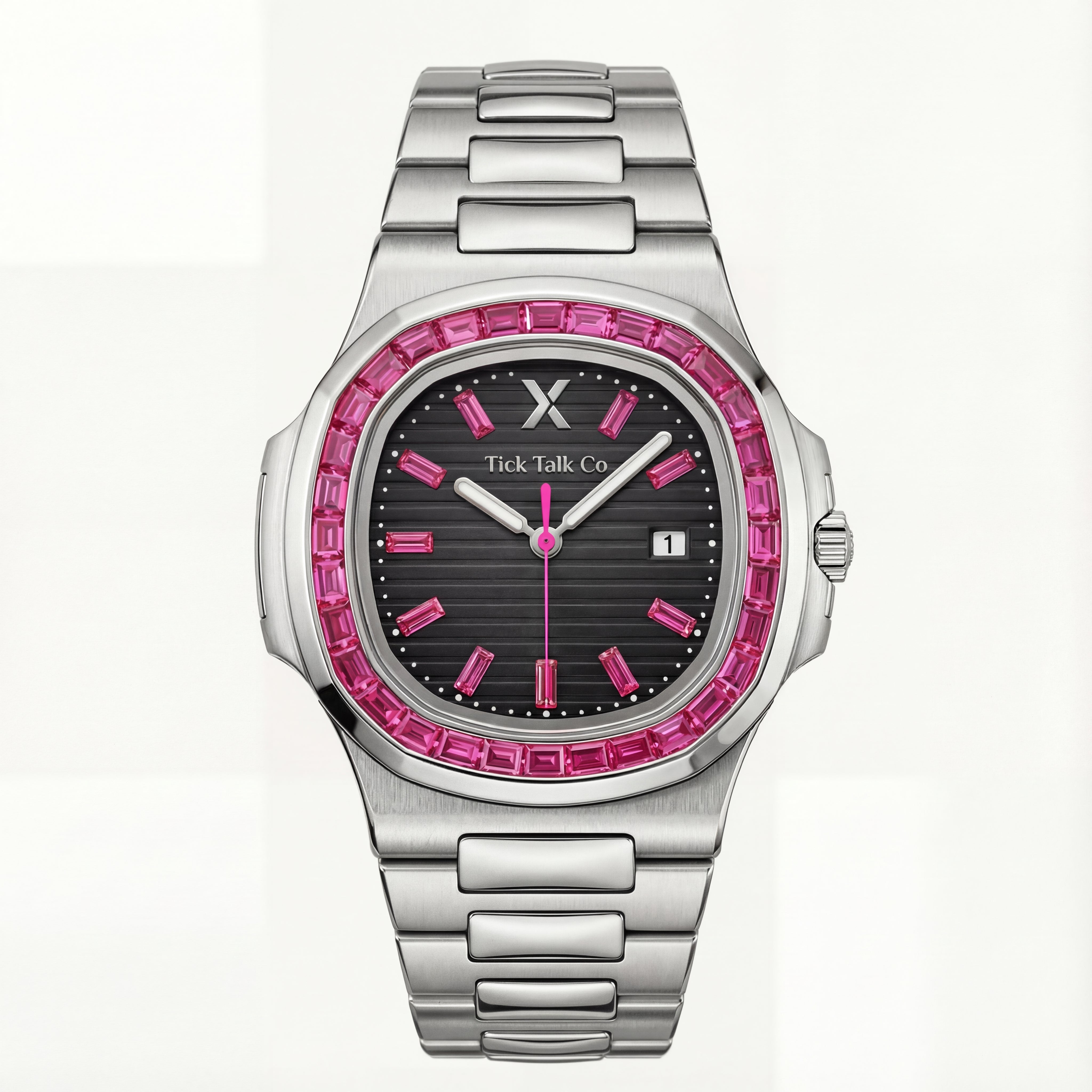 Black Dial Silver Watch with Pink Gem Bezel & Stainless Steel Bracelet