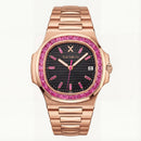 Black Dial Rose Gold Watch with Pink Gem Bezel & Stainless Steel Bracelet