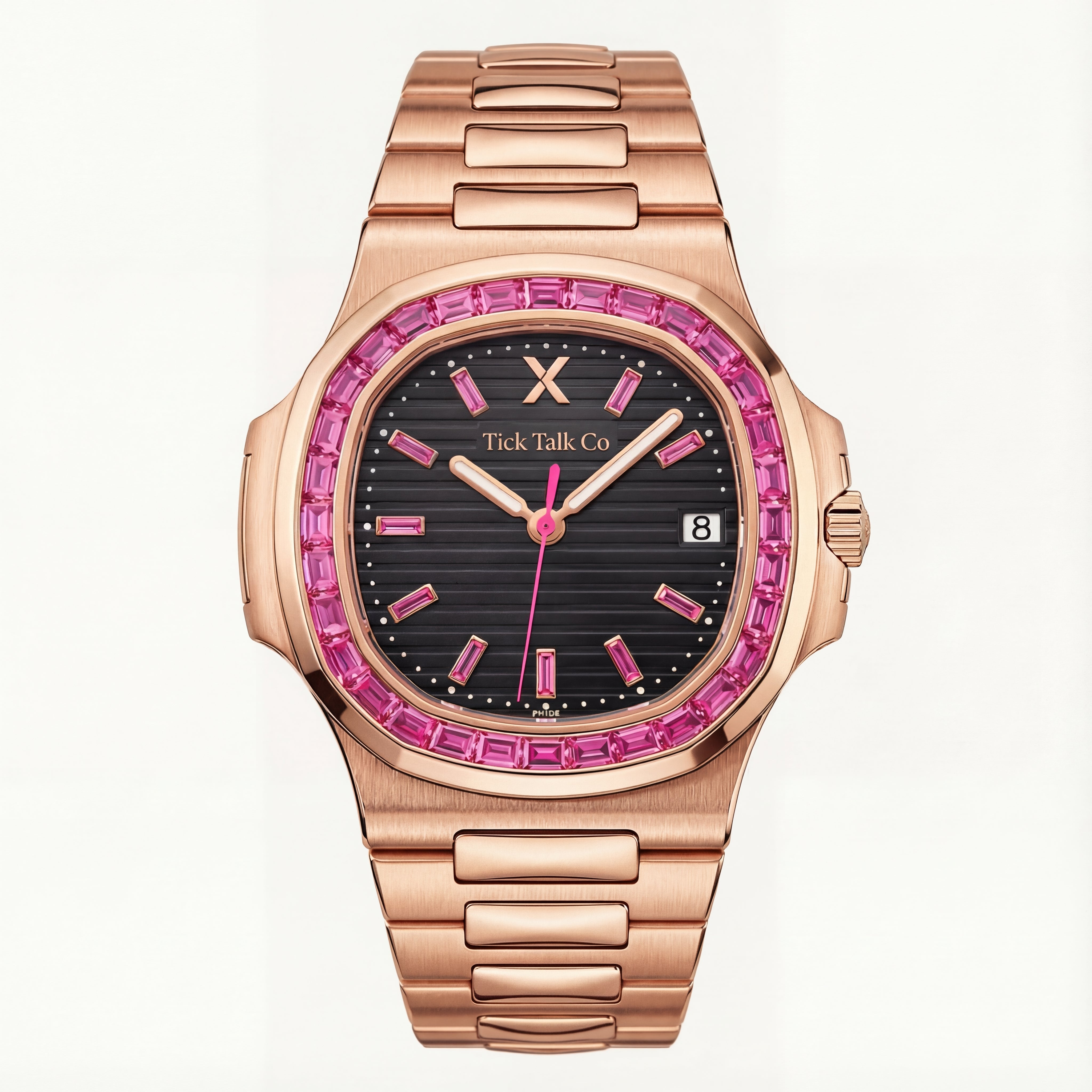 Black Dial Rose Gold Watch with Pink Gem Bezel & Stainless Steel Bracelet