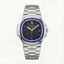 Black Dial Silver Watch with Blue Gem Bezel & Stainless Steel Bracelet
