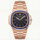 Black Dial Rose Gold Watch with Blue Gem Bezel & Stainless Steel Bracelet