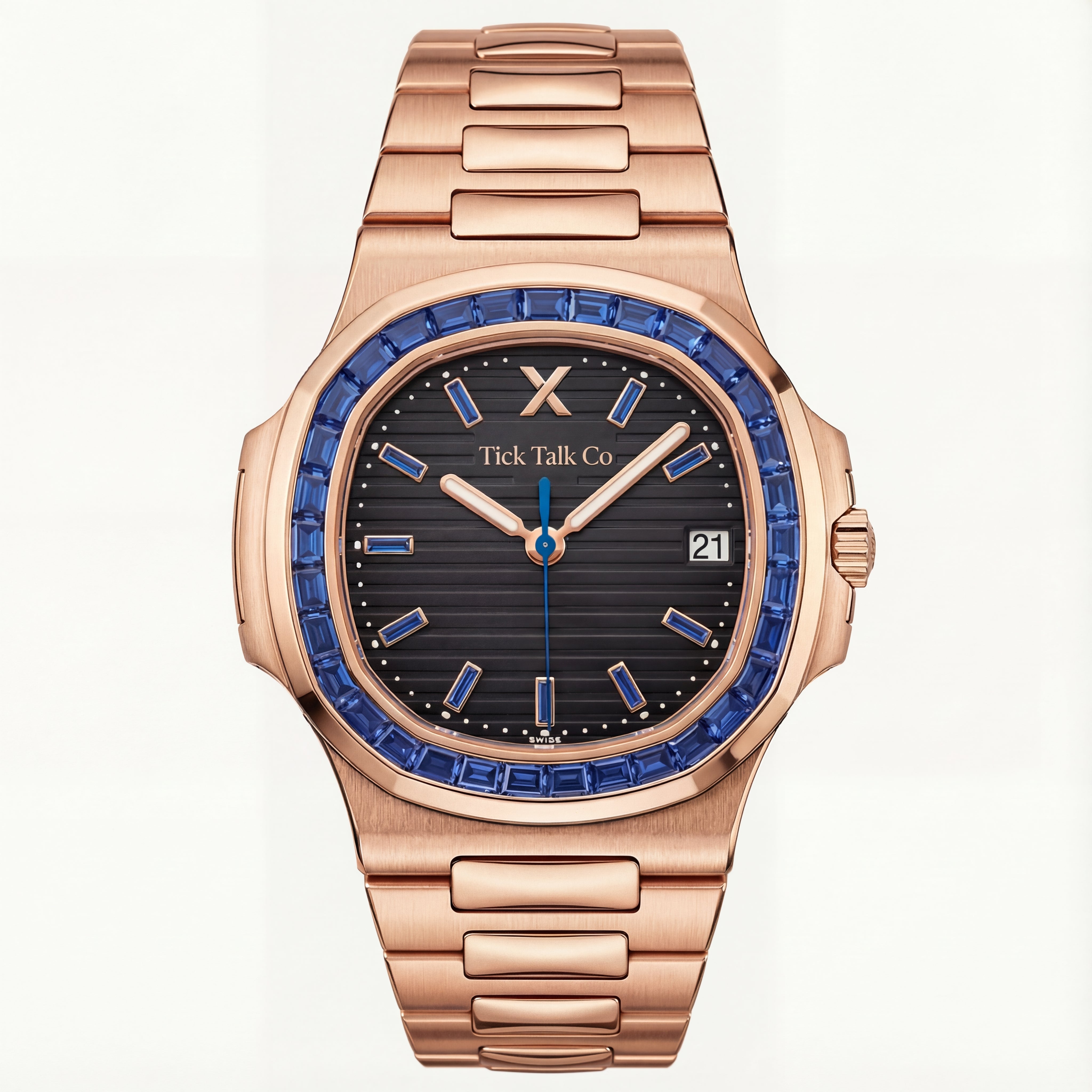 Black Dial Rose Gold Watch with Blue Gem Bezel & Stainless Steel Bracelet