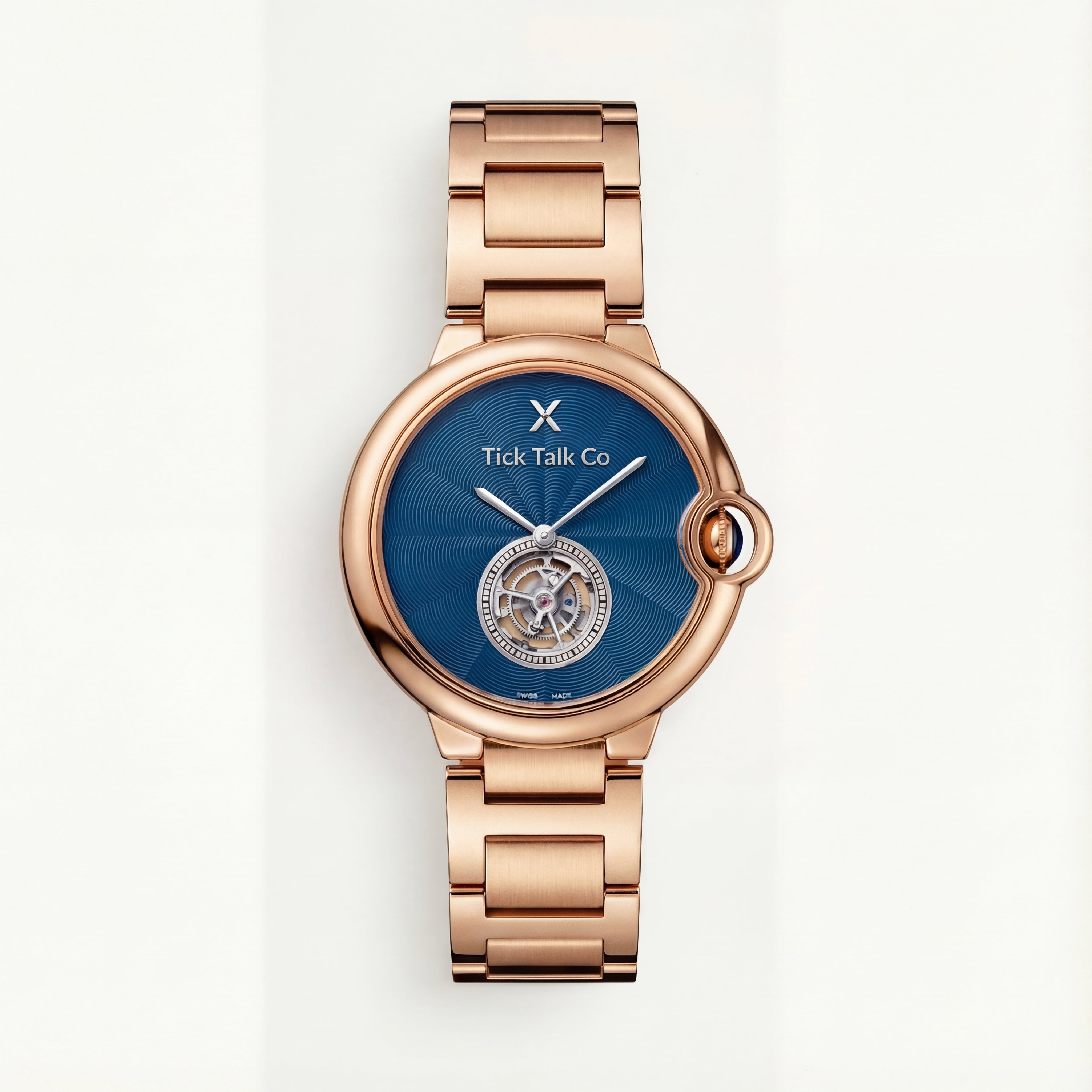 Blue Guilloché Dial Rose Gold Open-Heart Watch with Stainless Steel Bracelet