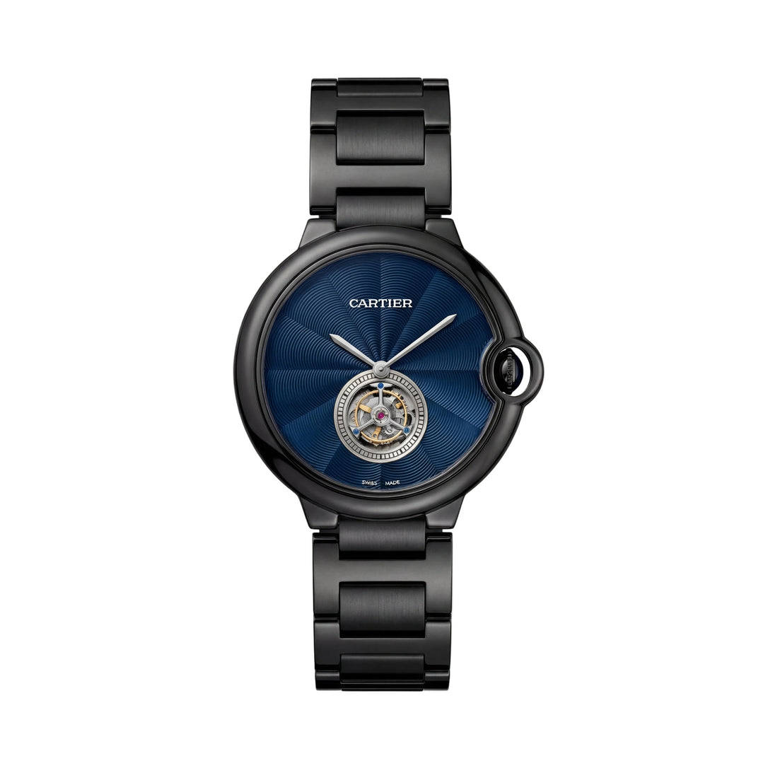 Black Open Heart Luxury Watch with Deep Blue Textured Dial