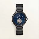 Blue Guilloché Dial Black Stainless Steel Open-Heart Watch