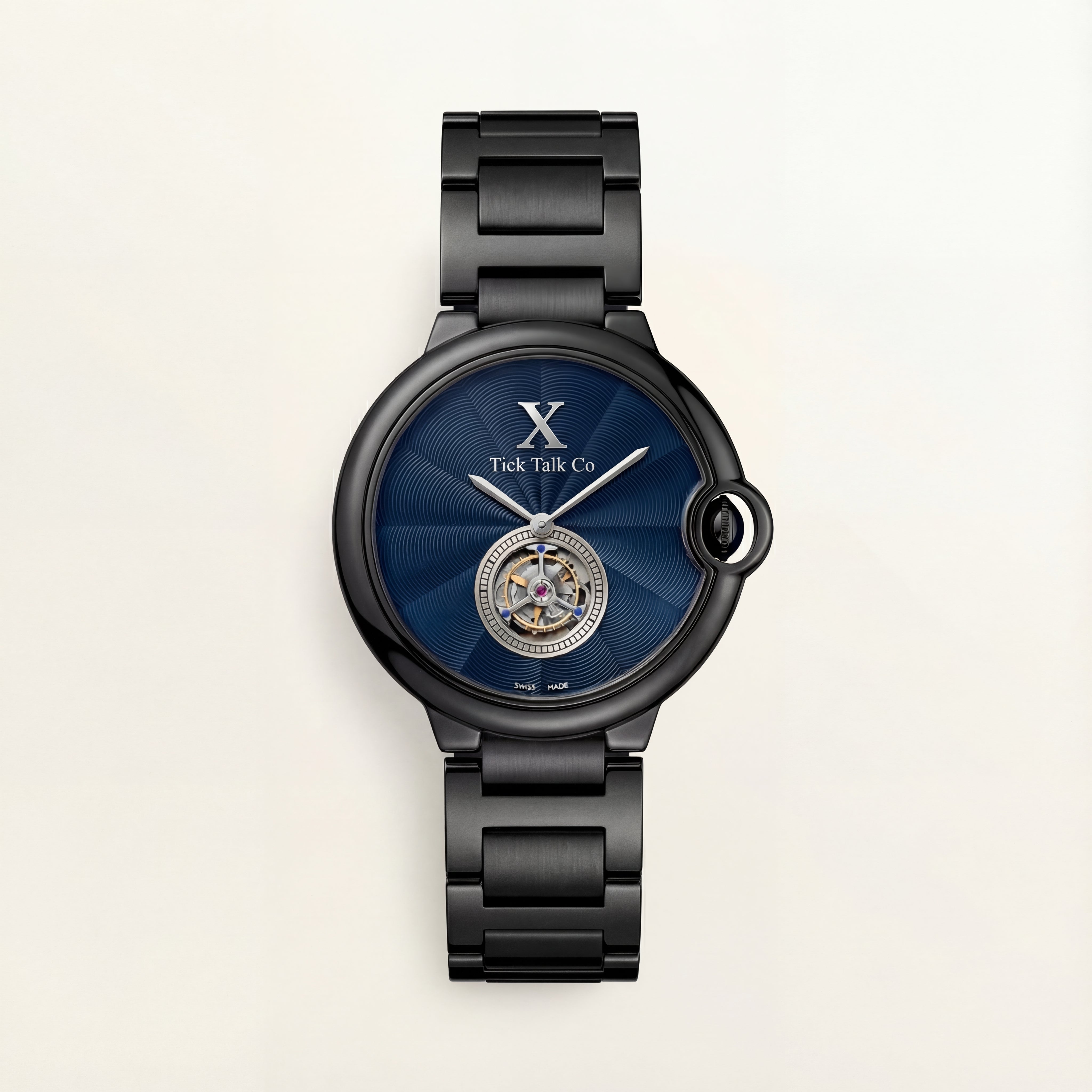 Blue Guilloché Dial Black Stainless Steel Open-Heart Watch