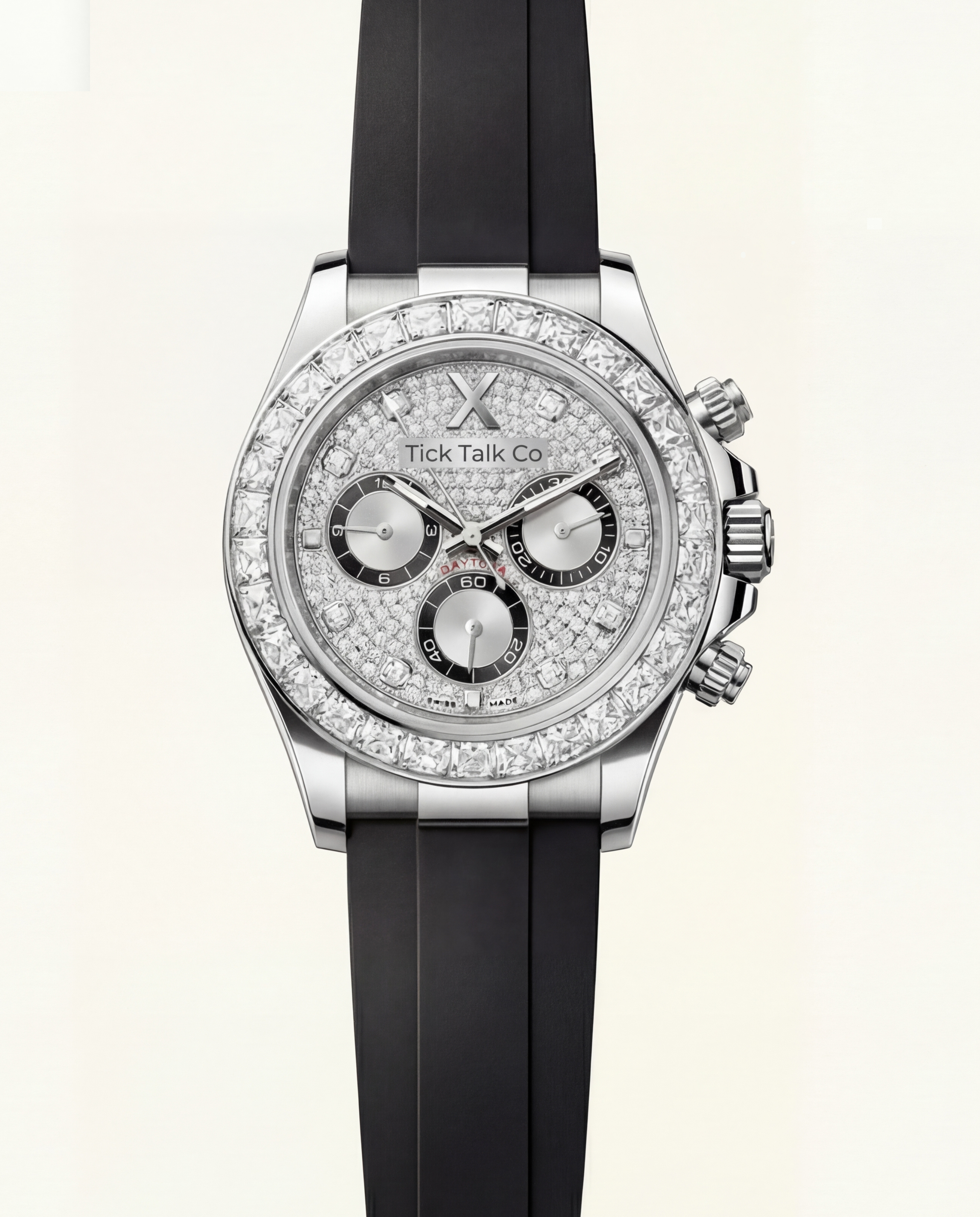 Silver Chronograph Diamond Bezel Watch with Black Strap