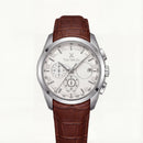 Silver Chronograph Tachymeter Watch with Brown Leather Strap
