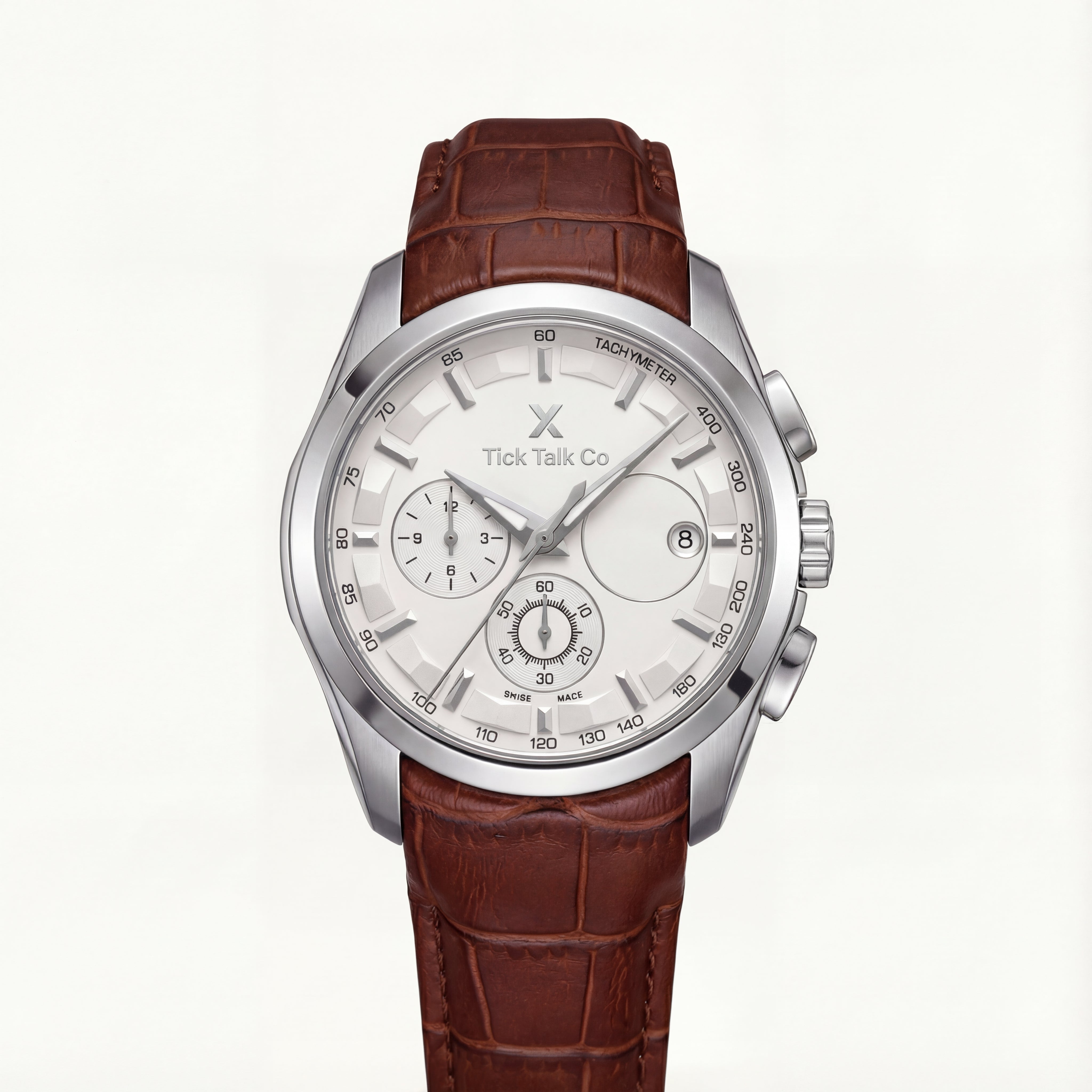 Silver Chronograph Tachymeter Watch with Brown Leather Strap
