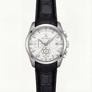 Silver Chronograph Tachymeter Watch with Black Leather Strap