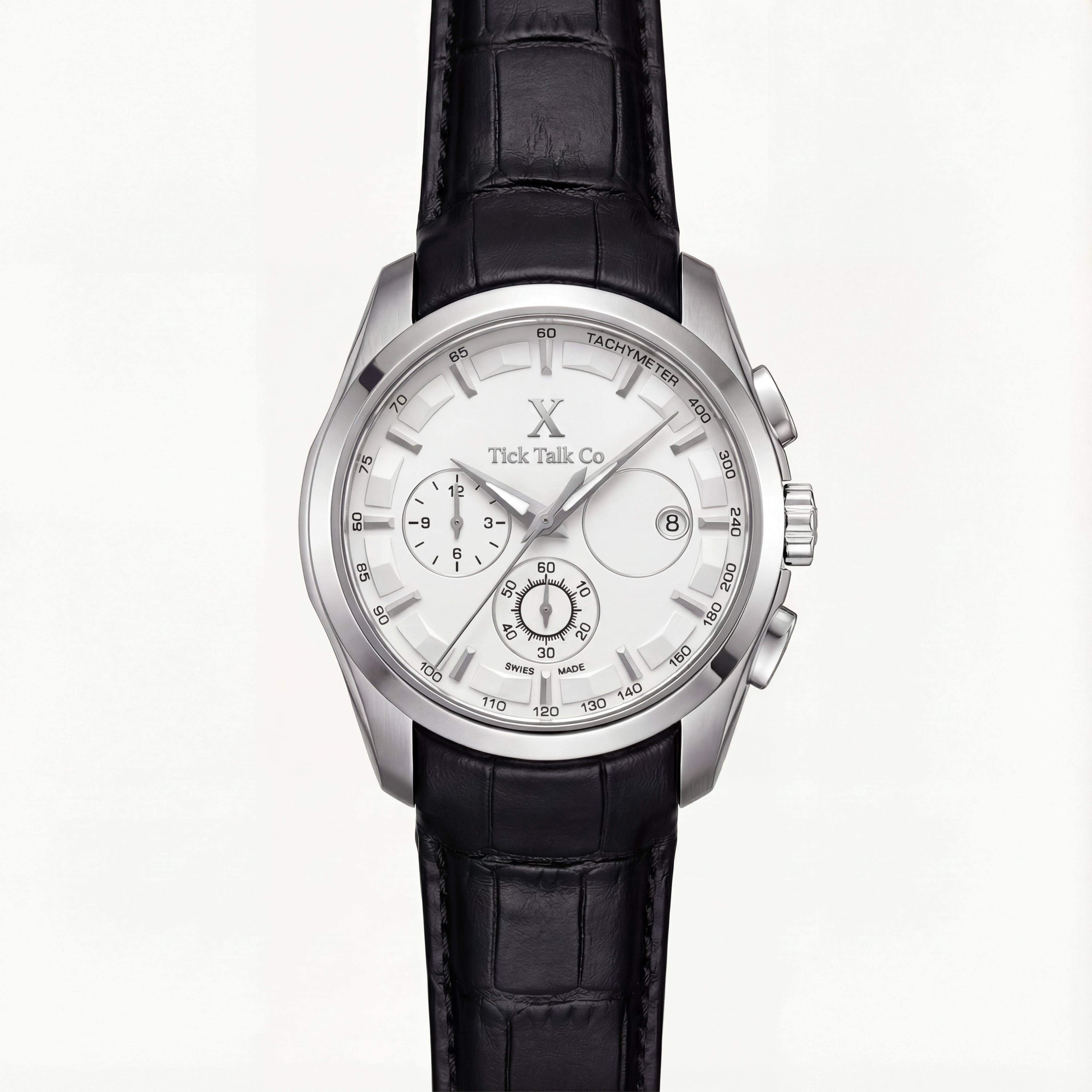 Silver Chronograph Tachymeter Watch with Black Leather Strap