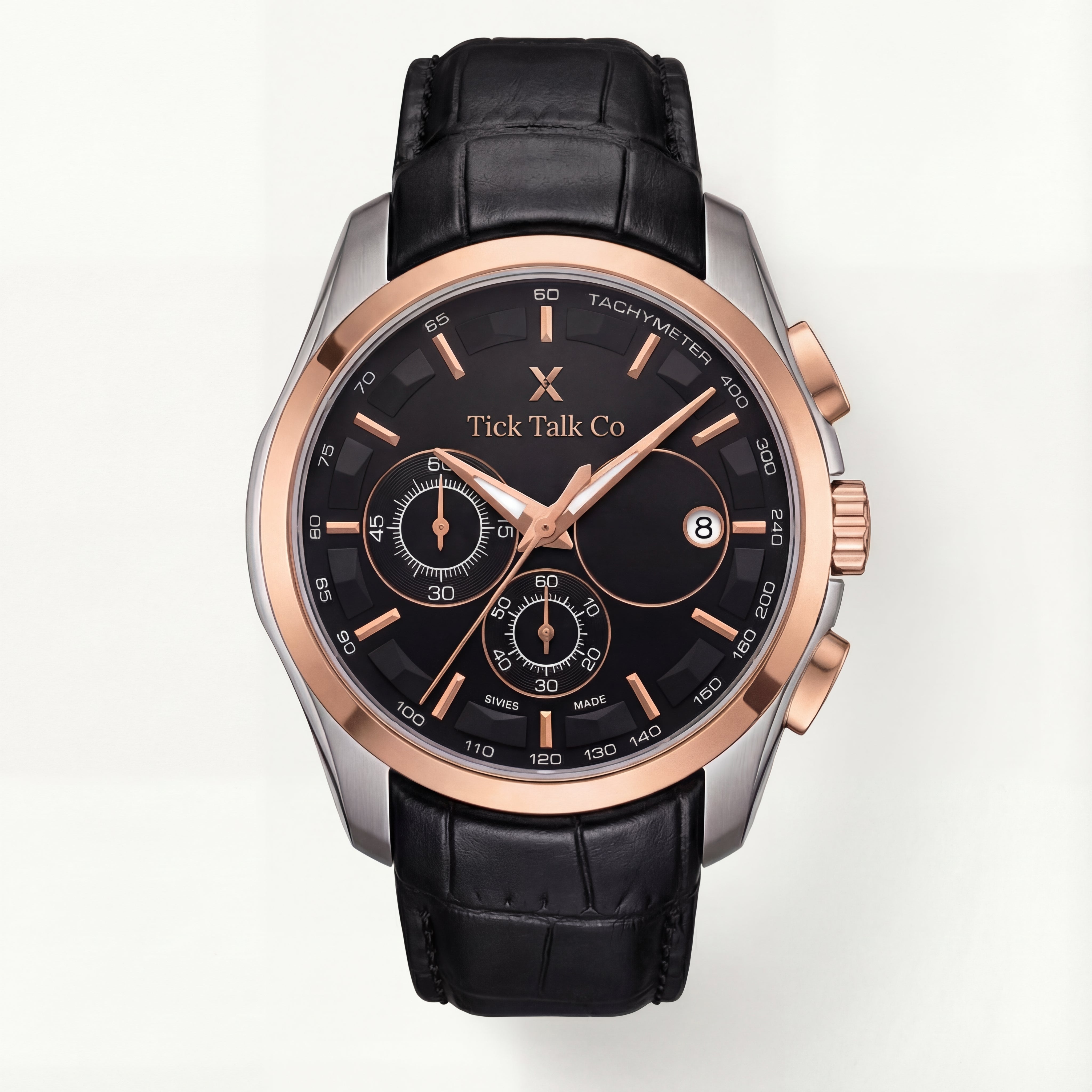 Rose Gold & Silver Chronograph Tachymeter Watch with Black Leather Strap