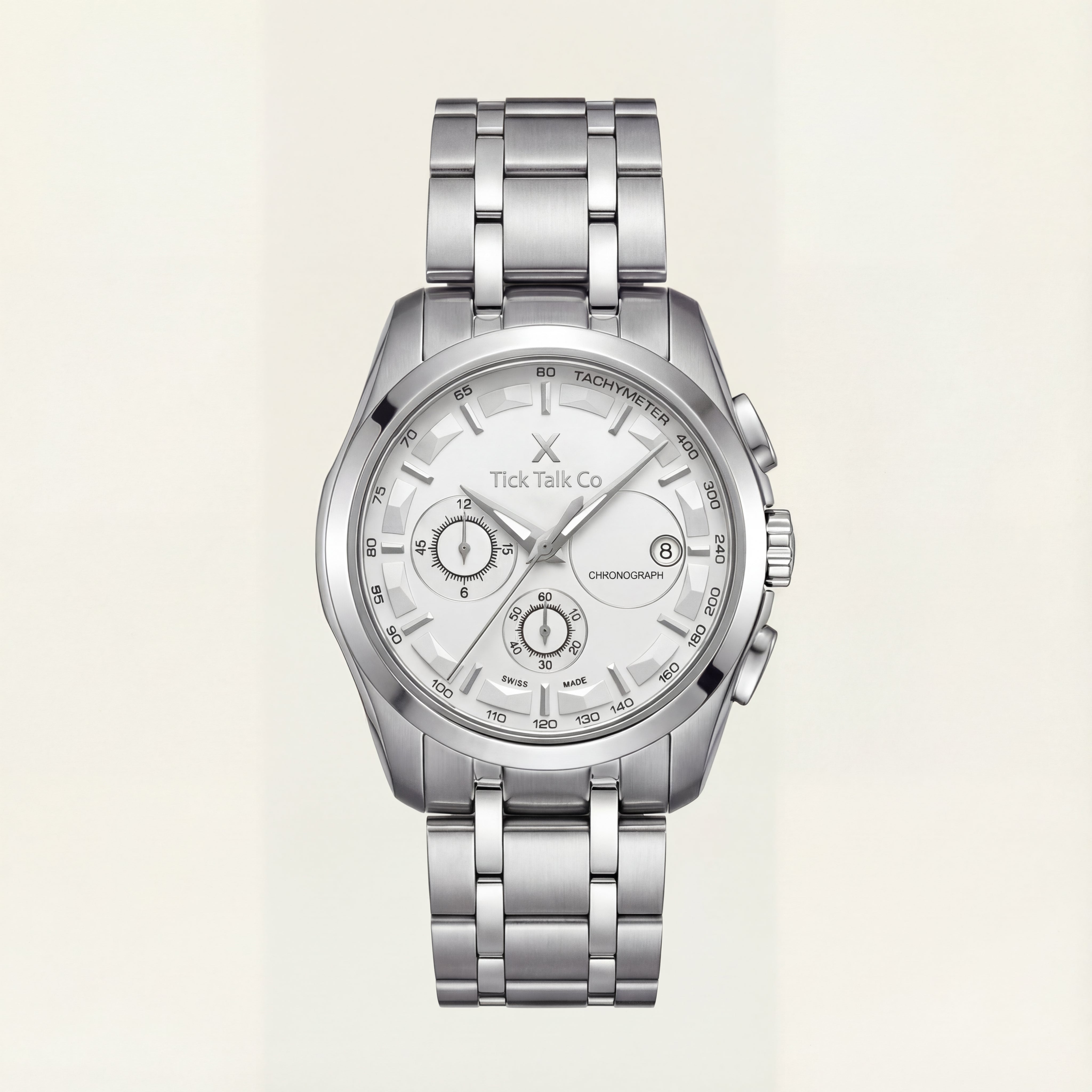 Silver Stainless Steel Chronograph Tachymeter Watch with Metal Bracelet