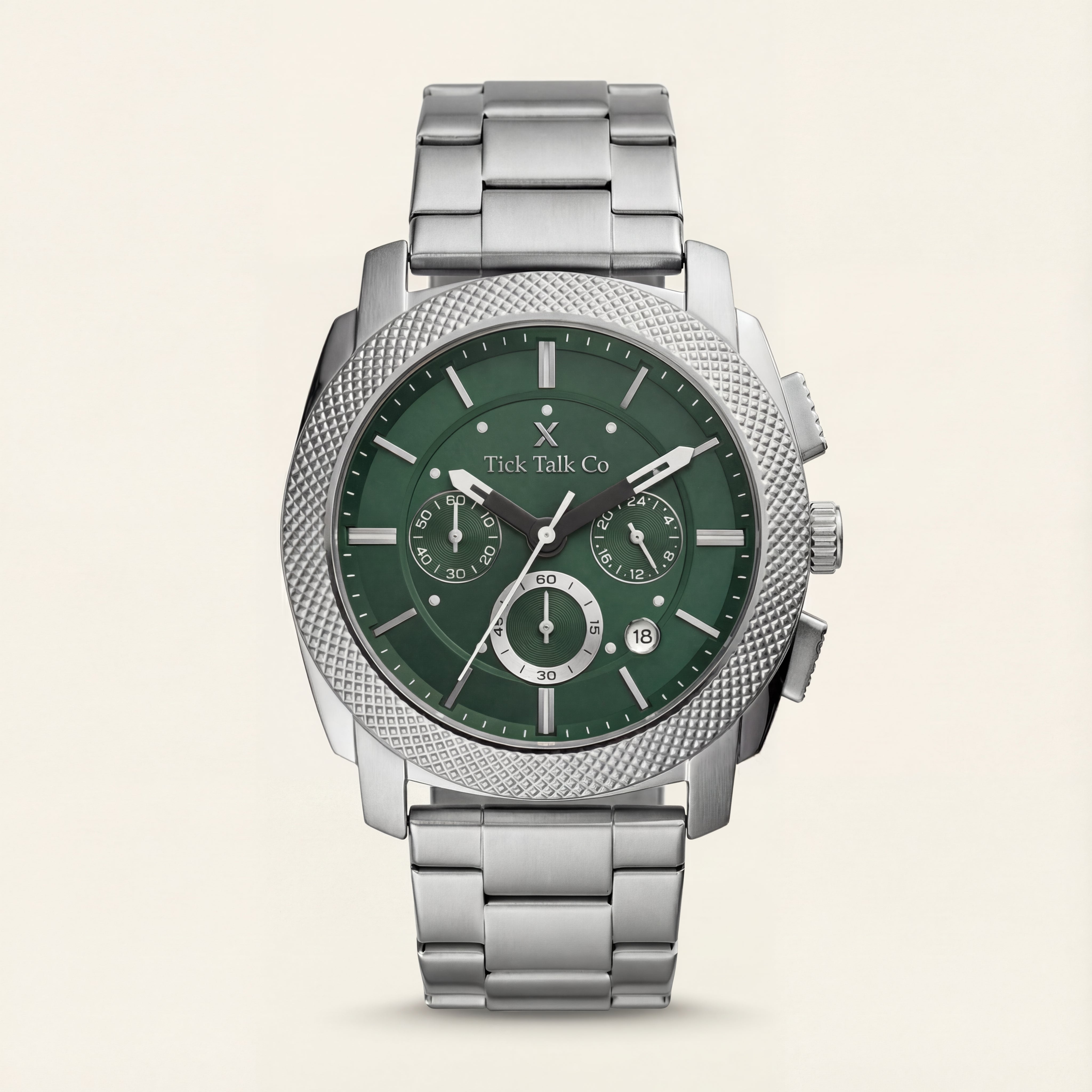 Silver Green Dial Chronograph Quartz Watch with Textured Bezel & Stainless Steel Bracelet
