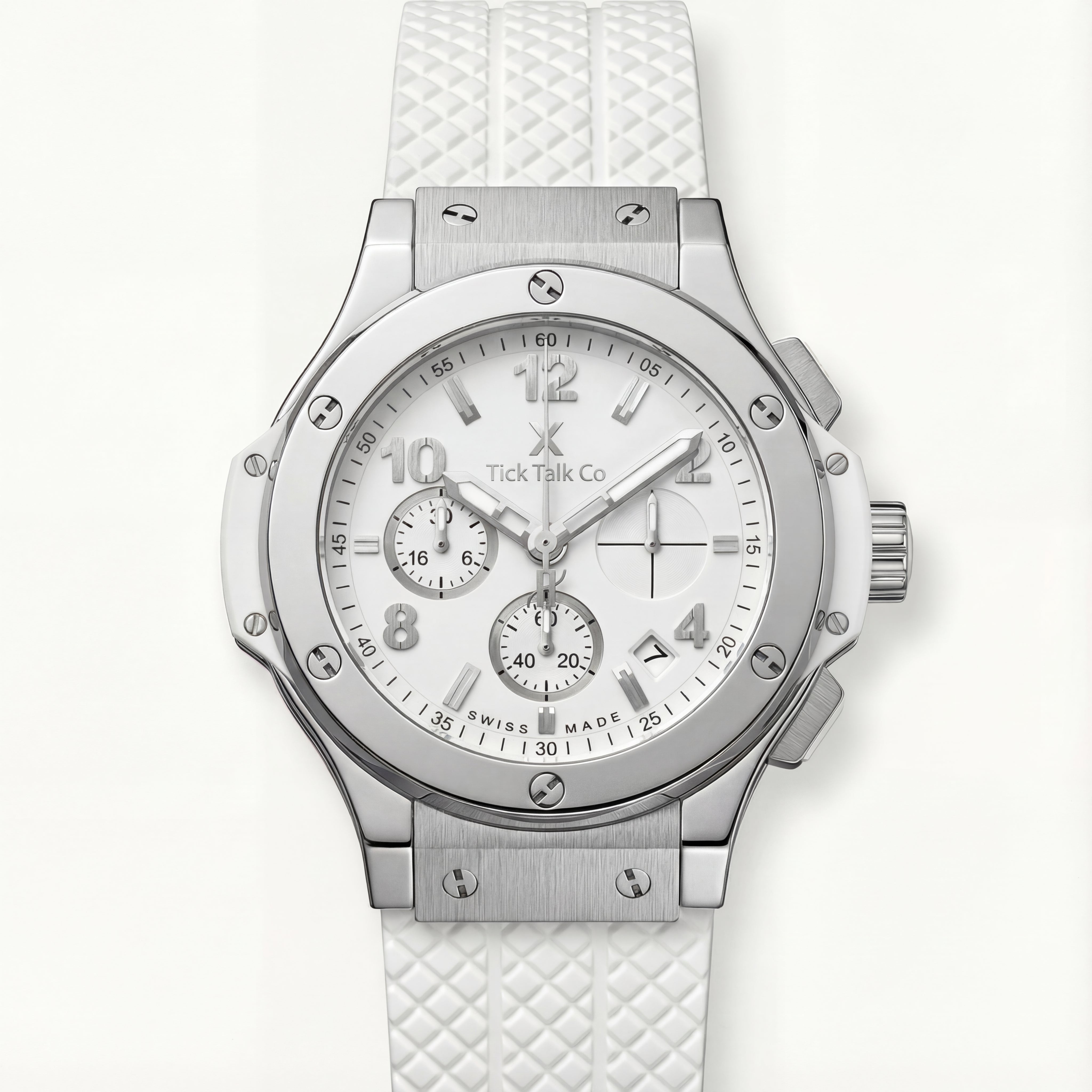 Silver White Dial Chronograph Quartz Watch with White Textured Silicone Strap