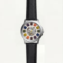 Multicolor Skeleton Dial Leather Strap Men’s Watch