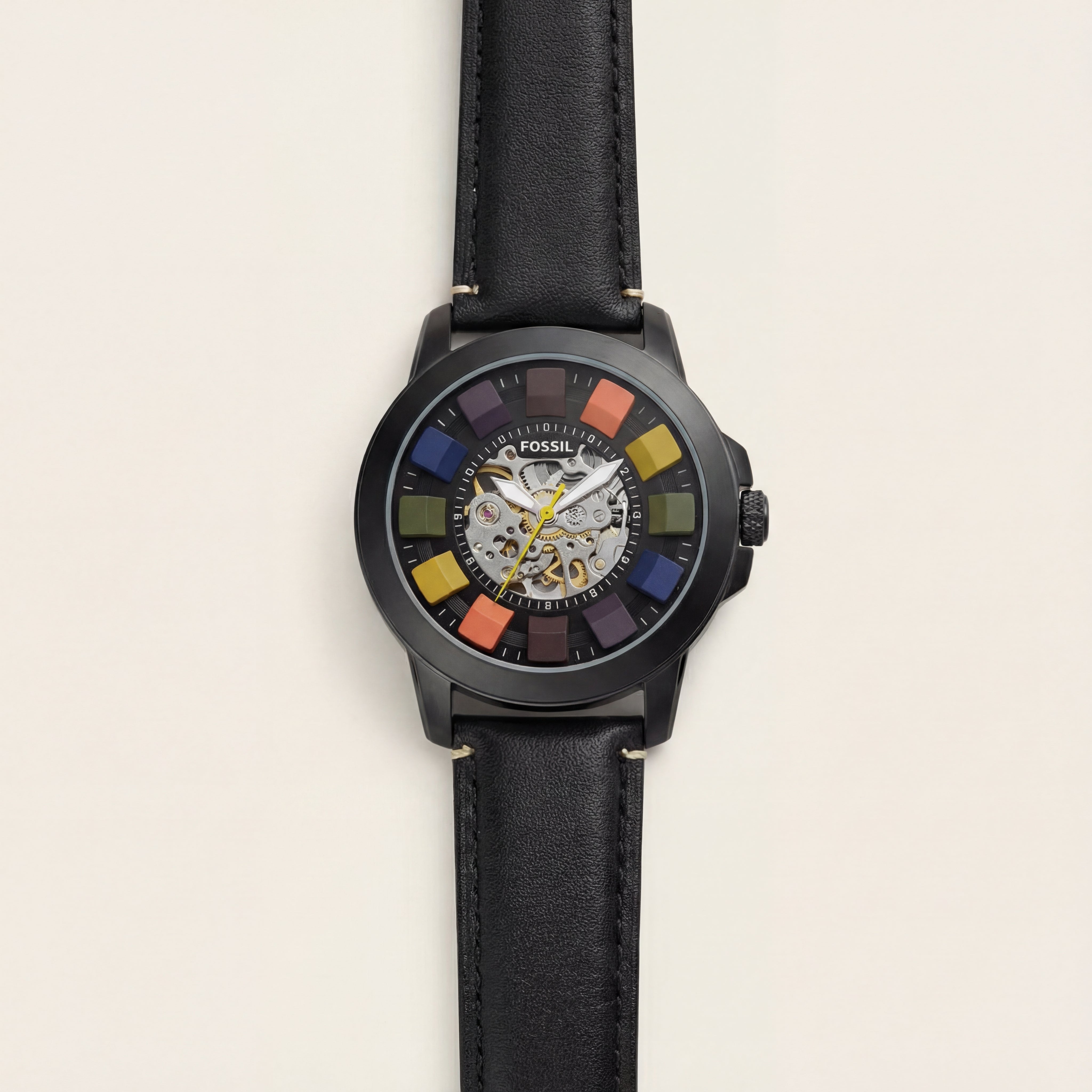 Multicolor Skeleton Dial Black Case Leather Strap Men’s Watch