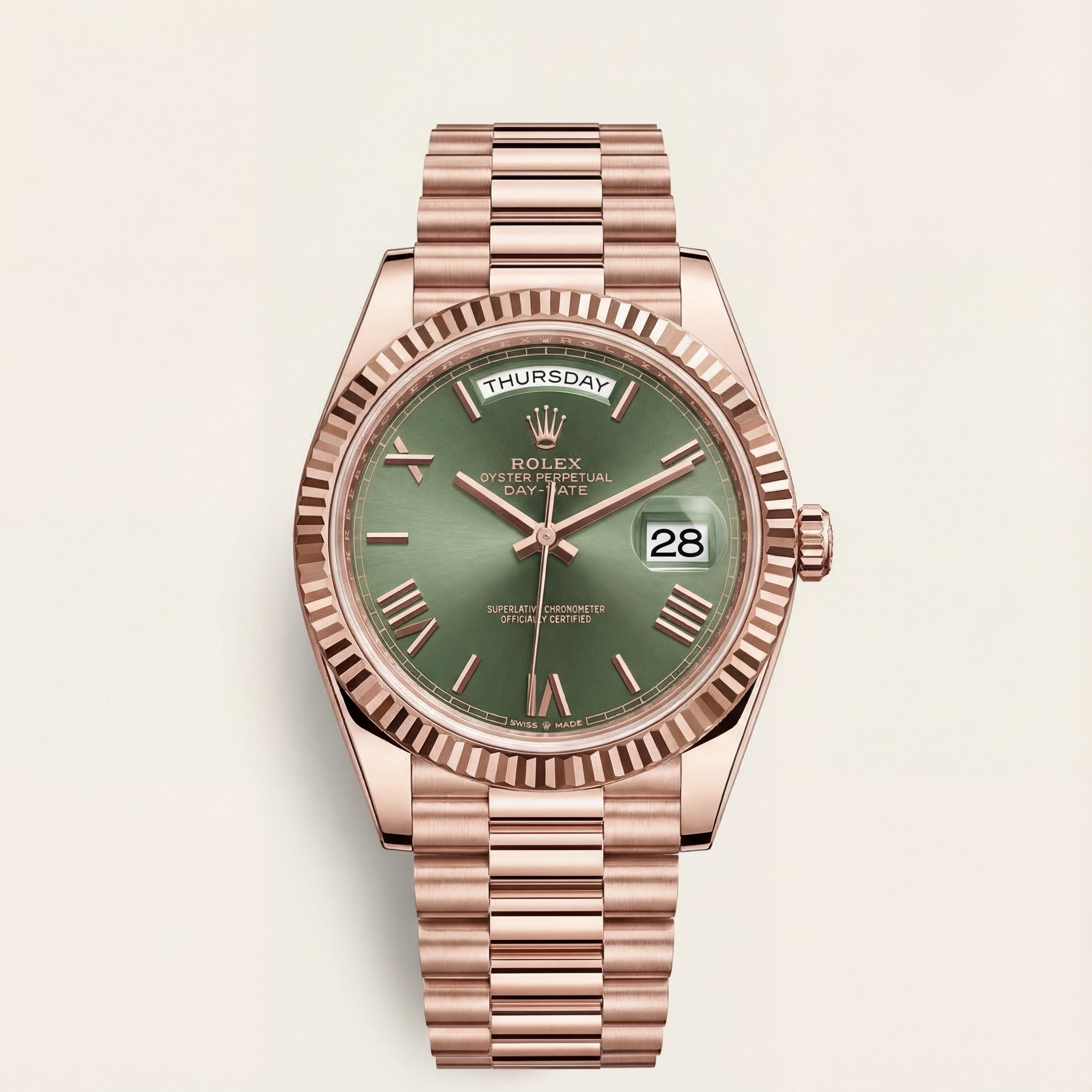 Rose Gold Day & Date Green Dial Stainless Steel Men’s Watch