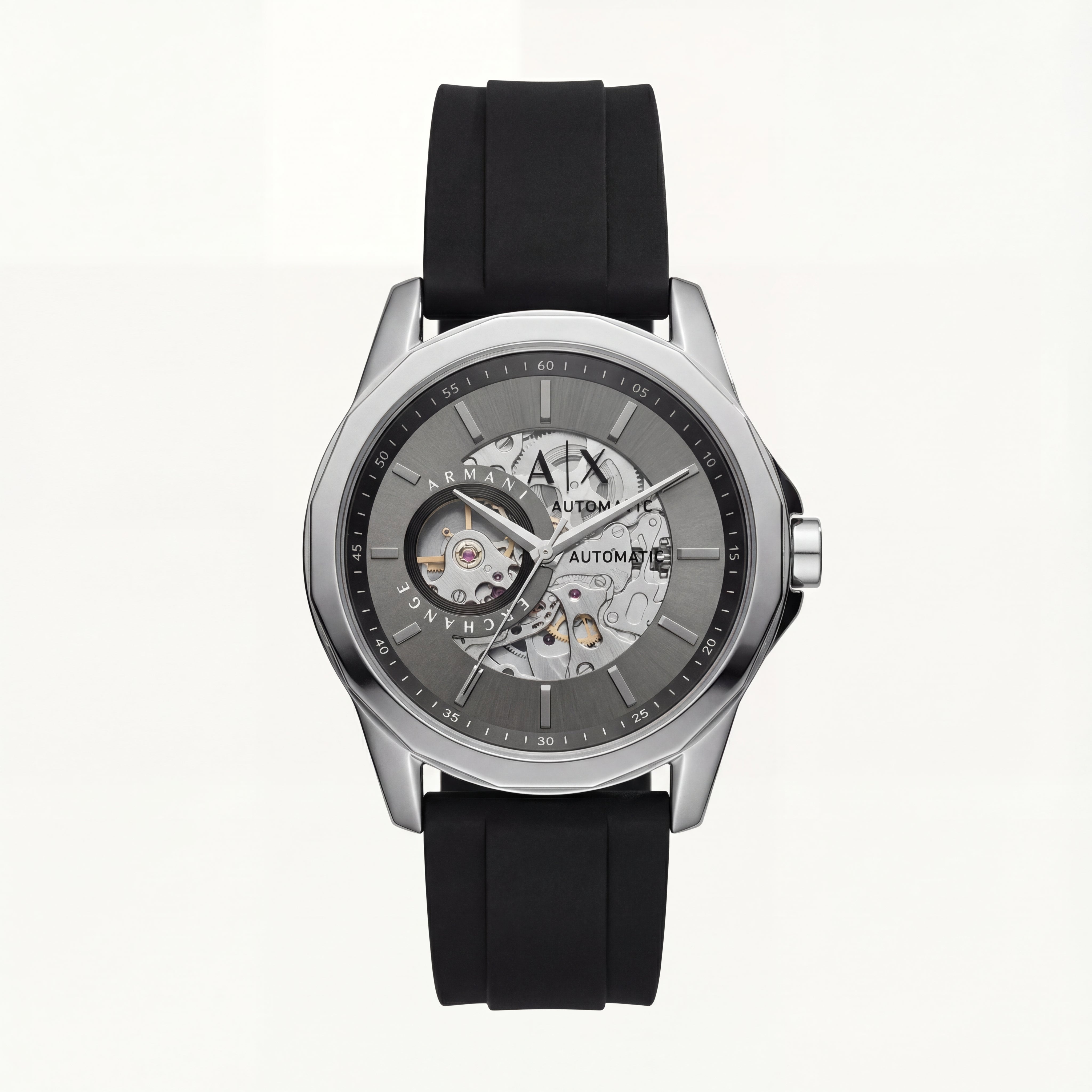 Silver Skeleton Automatic Dial Black Silicone Strap Men’s Watch