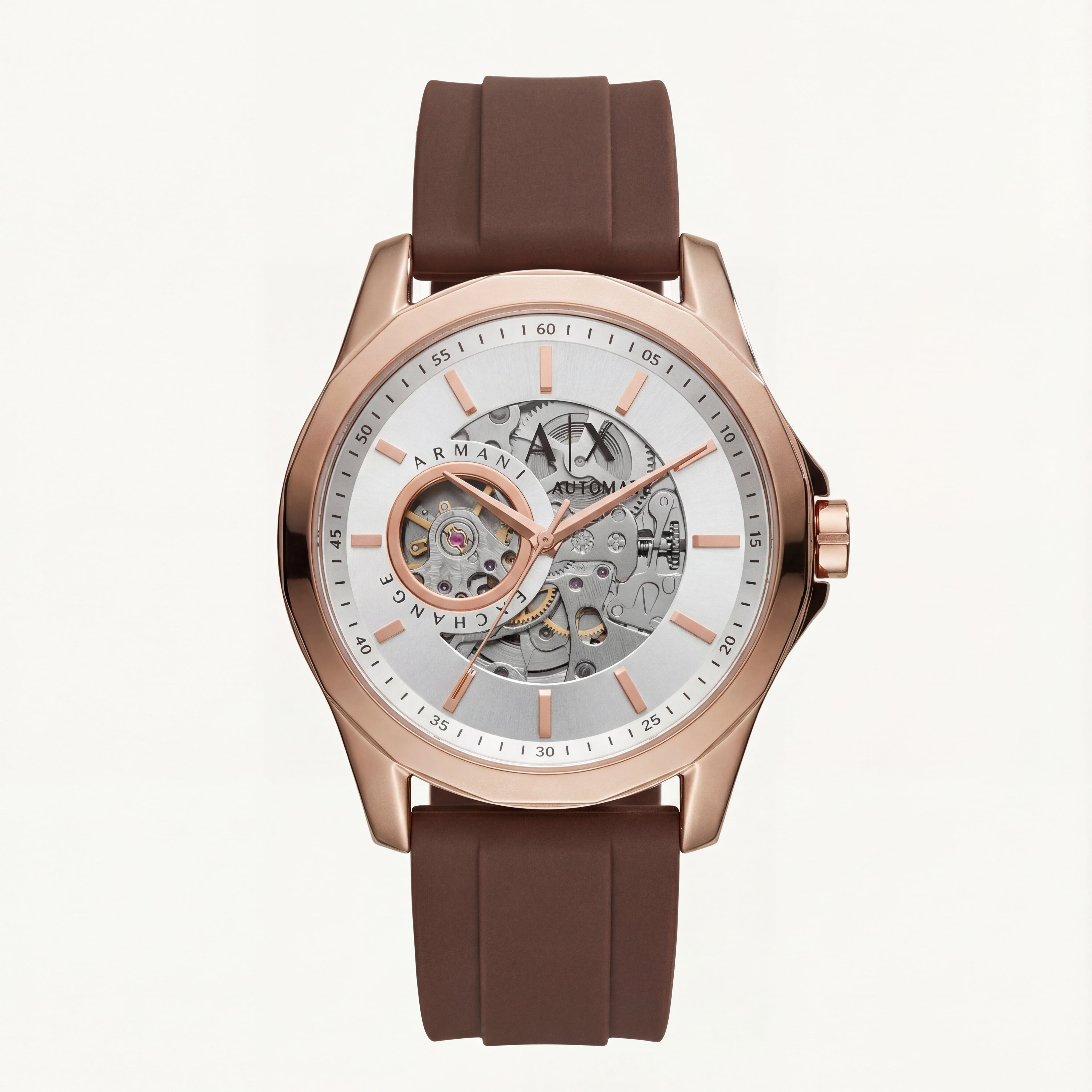 Rose Gold Skeleton Automatic Dial Brown Silicone Strap Men’s Watch