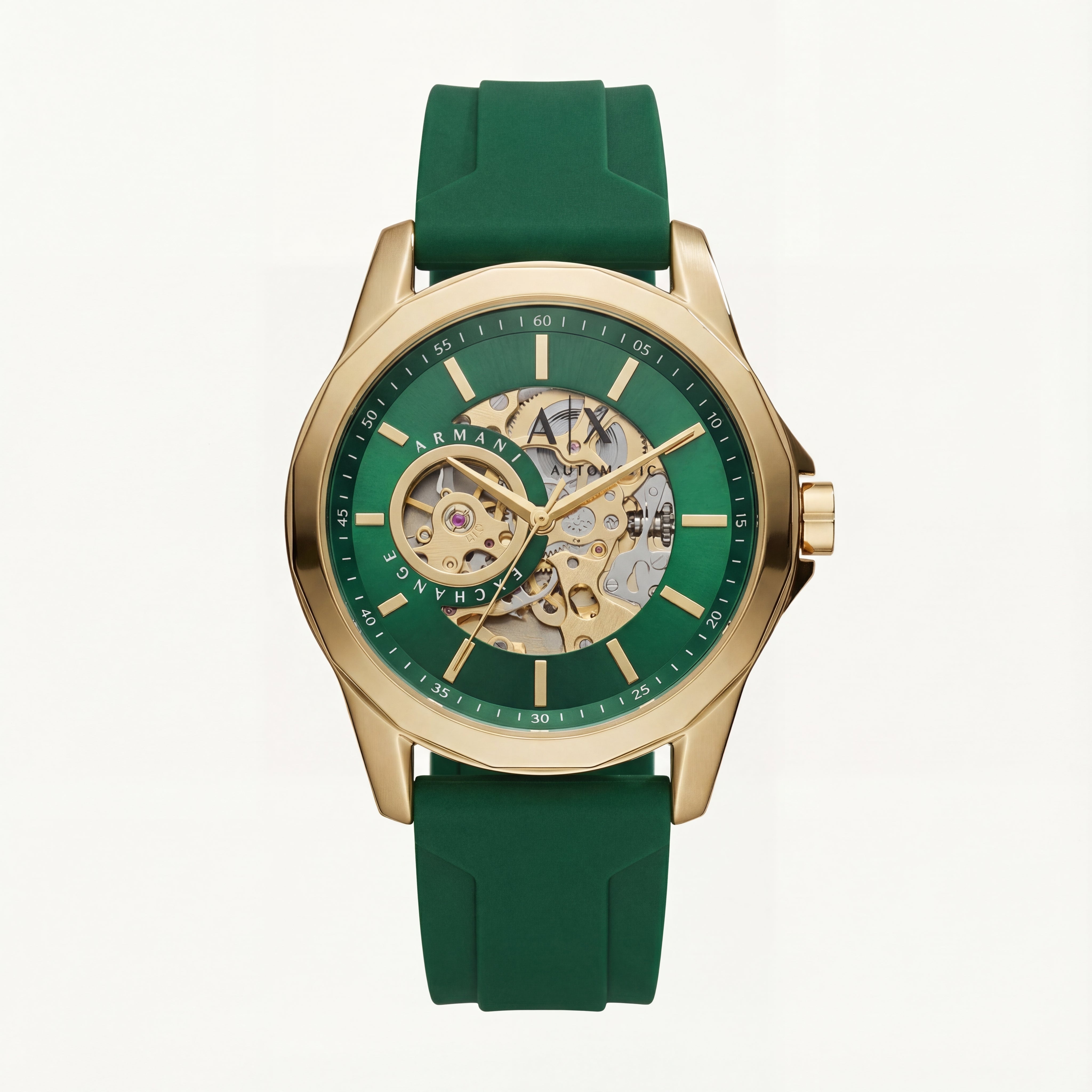 Gold Skeleton Automatic Dial Green Silicone Strap Men’s Watch