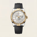 Dual-Tone Gold Fluted Bezel White Dial Luxury Men’s Watch with Rubber Strap