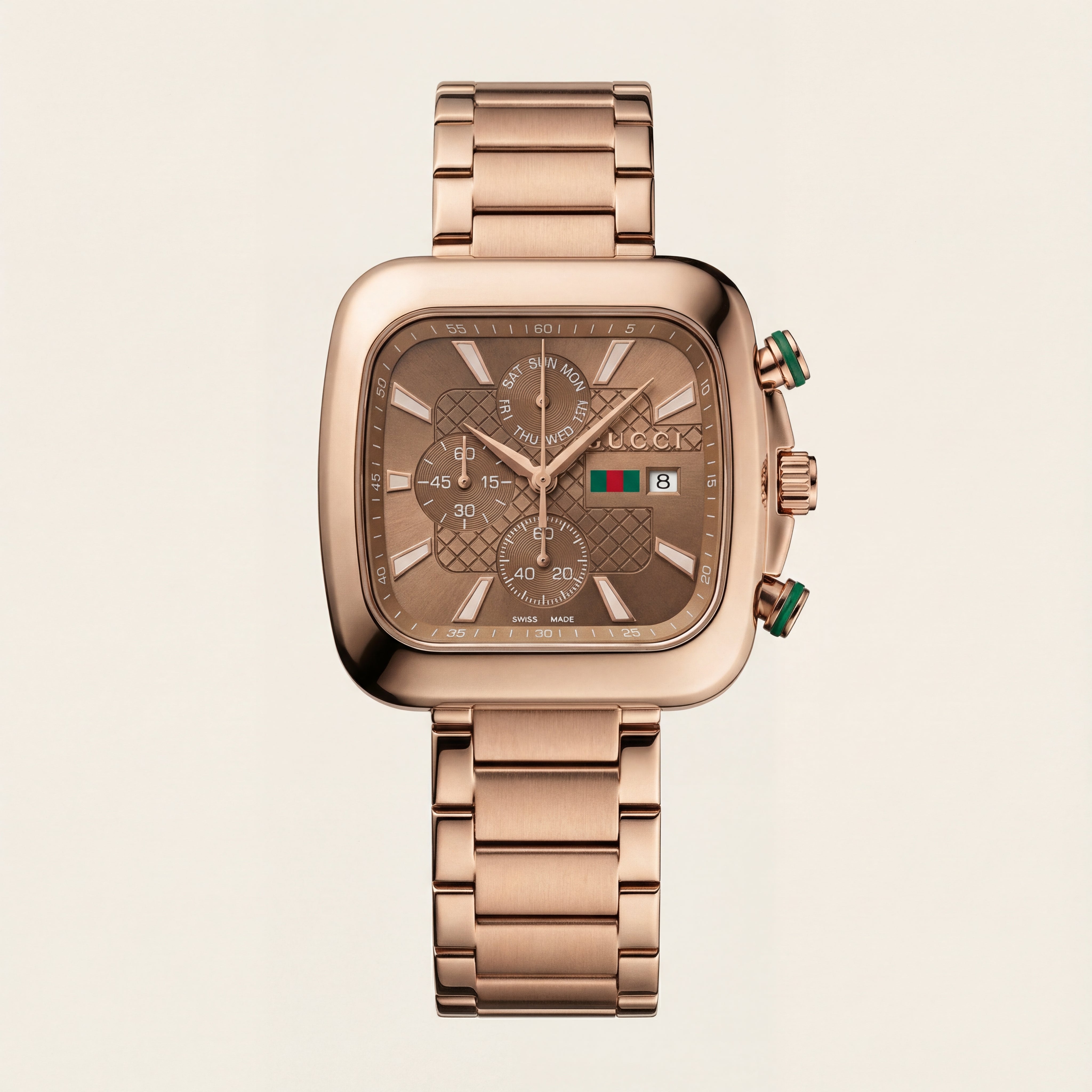 Rose Gold Square Chronograph Men’s Watch with Day–Date Display