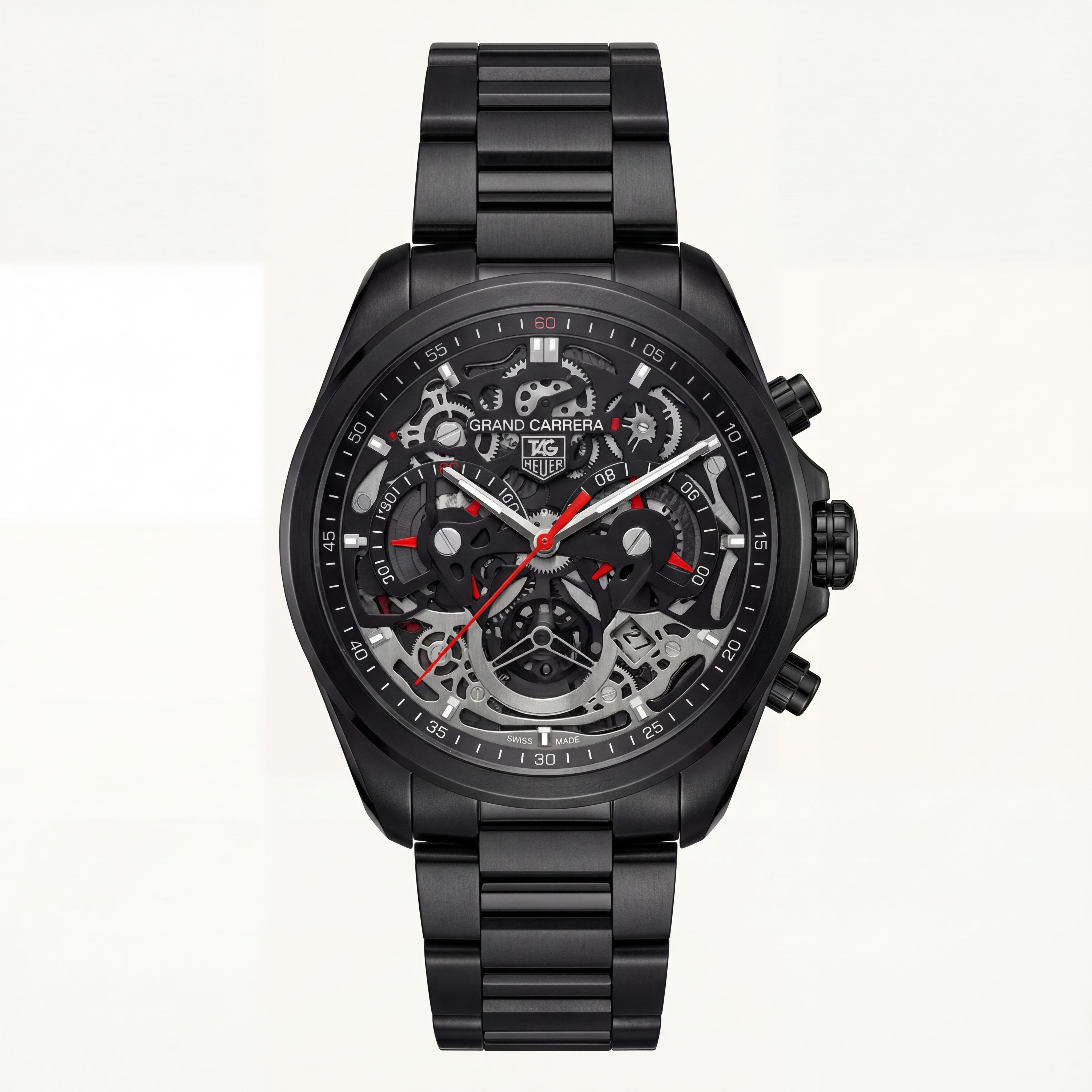 Matte Black Skeleton Chronograph Men’s Watch with Red Accents