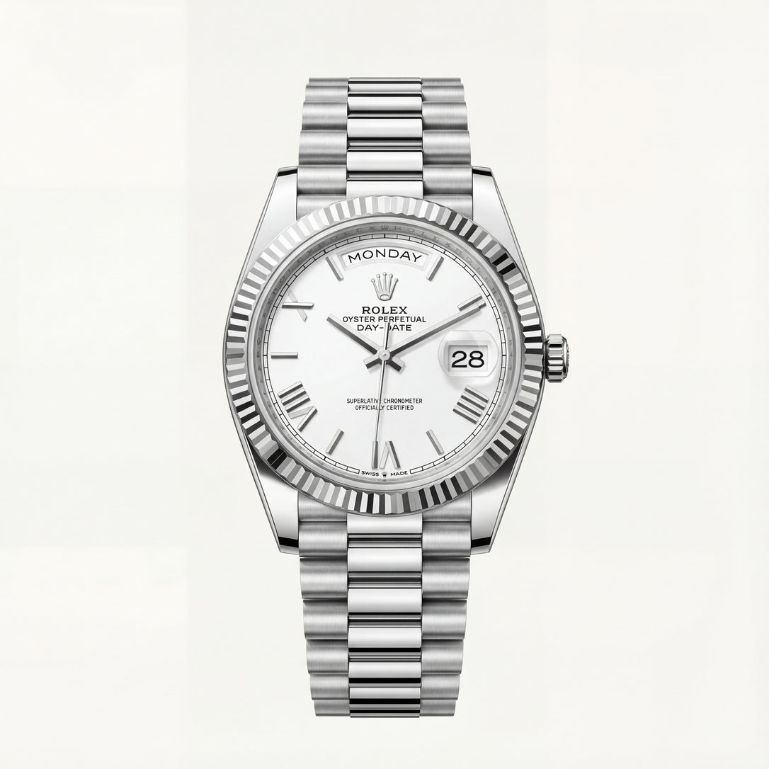 Classic White Dial Fluted Steel Day-Date Watch