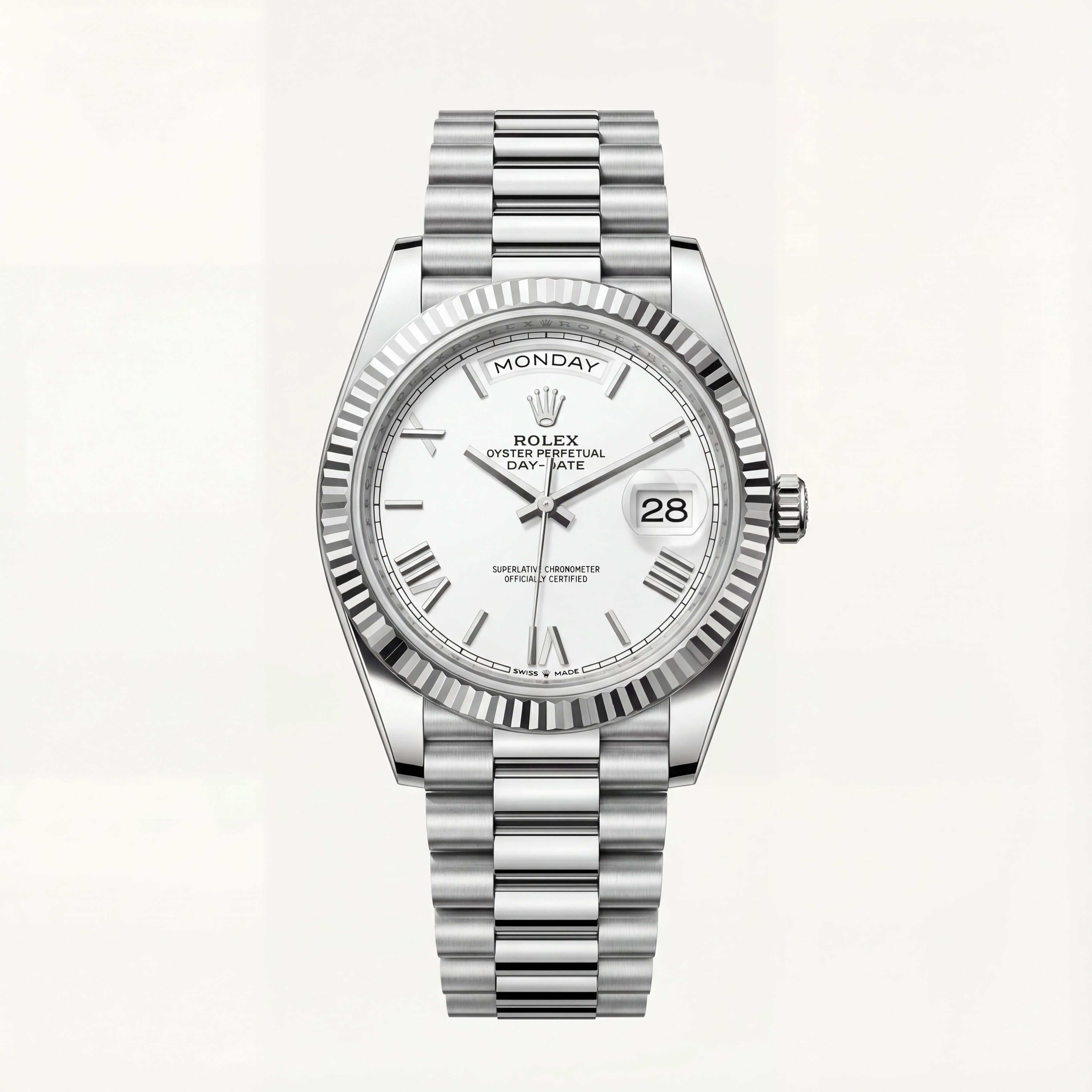 Classic White Dial Fluted Steel Day-Date Automatic Watch