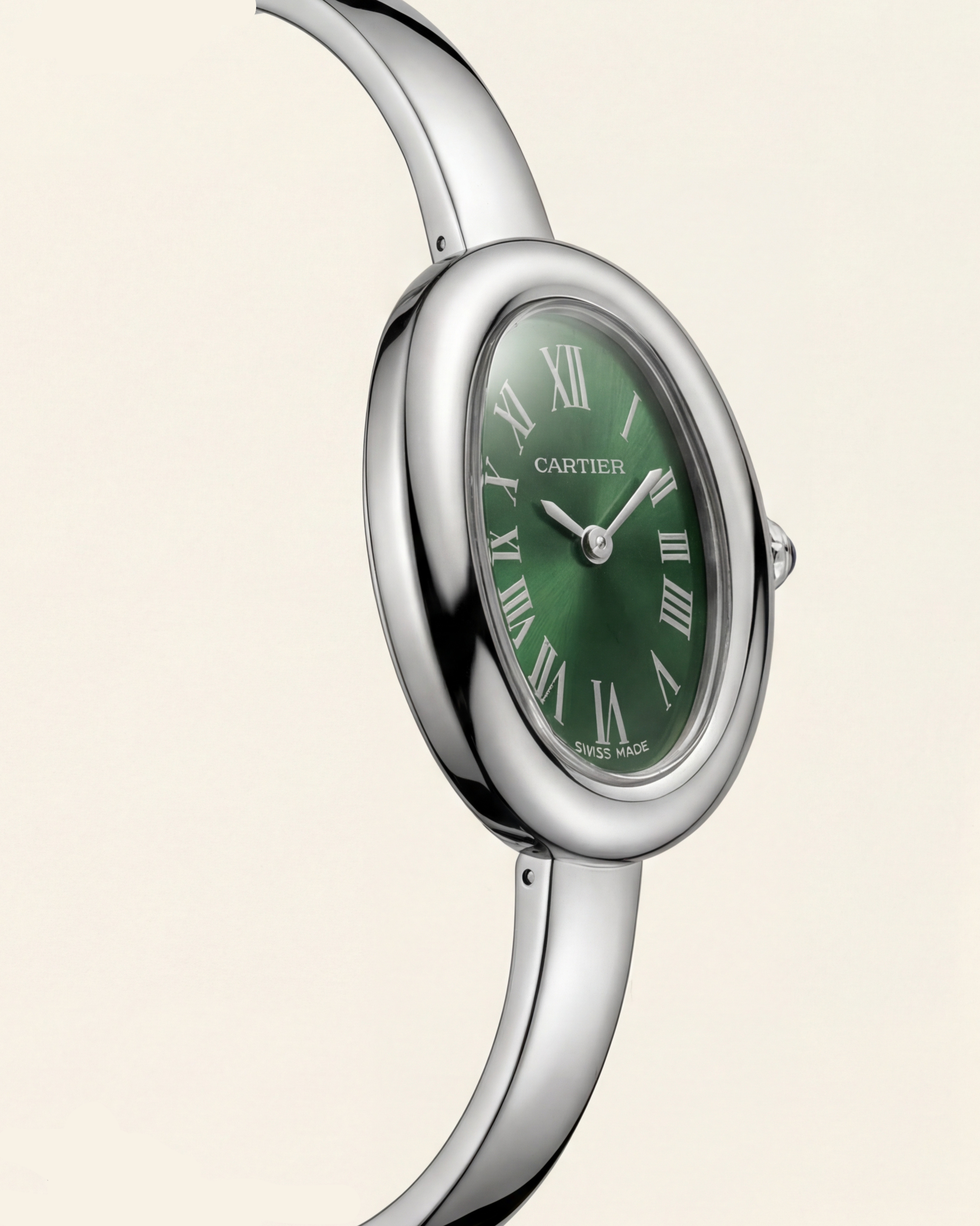 Emerald Oval Roman Dial Bangle Watch – Heritage Silver Luxe Edition