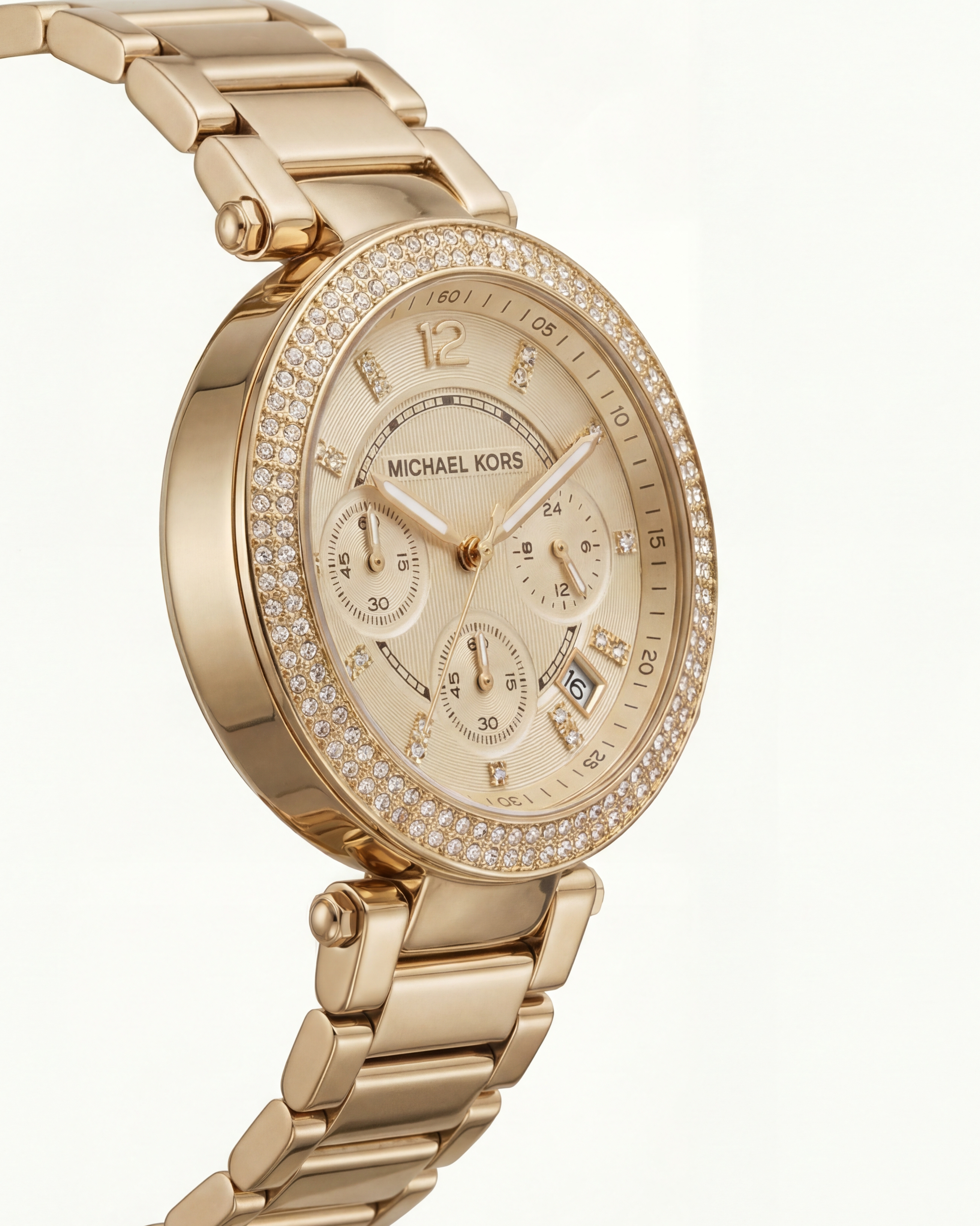 Gold Tone Crystal Bezel Champagne Dial Chronograph Bracelet Watch