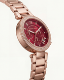 Rose Gold Crystal Bezel Ruby Red Dial Chronograph Bracelet Watch