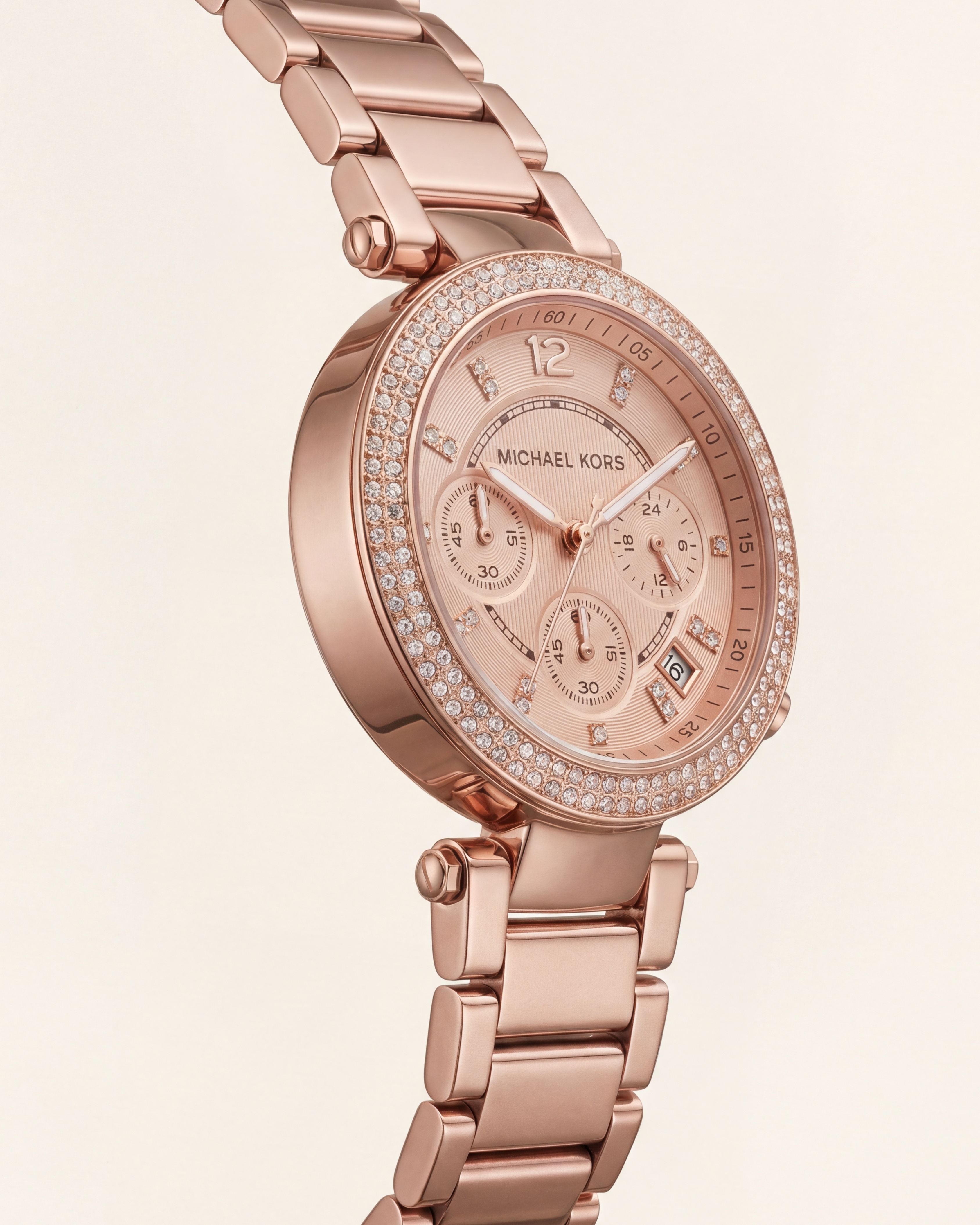 Rose Gold Crystal Bezel Chronograph Multi-Dial Bracelet Watch