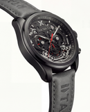 Matte Black Skeleton Chronograph Watch with Black Open-Work Dial and Black Leather Strap