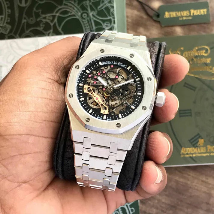 Premium Silver Stainless Steel Skeleton Automatic Watch Open-Work Dial Octagonal Bezel Luxury Watch – Men