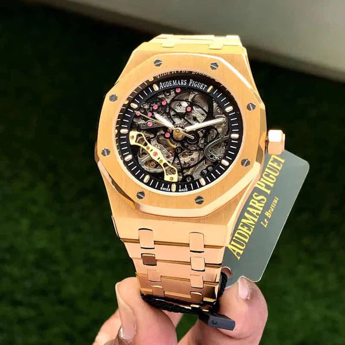 Premium Gold Stainless Steel Skeleton Automatic Watch Open-Work Dial Octagonal Bezel Luxury Watch – Men